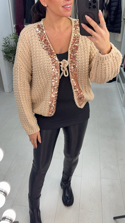 Alianna Sequin Tie Front Chunky Cardigan