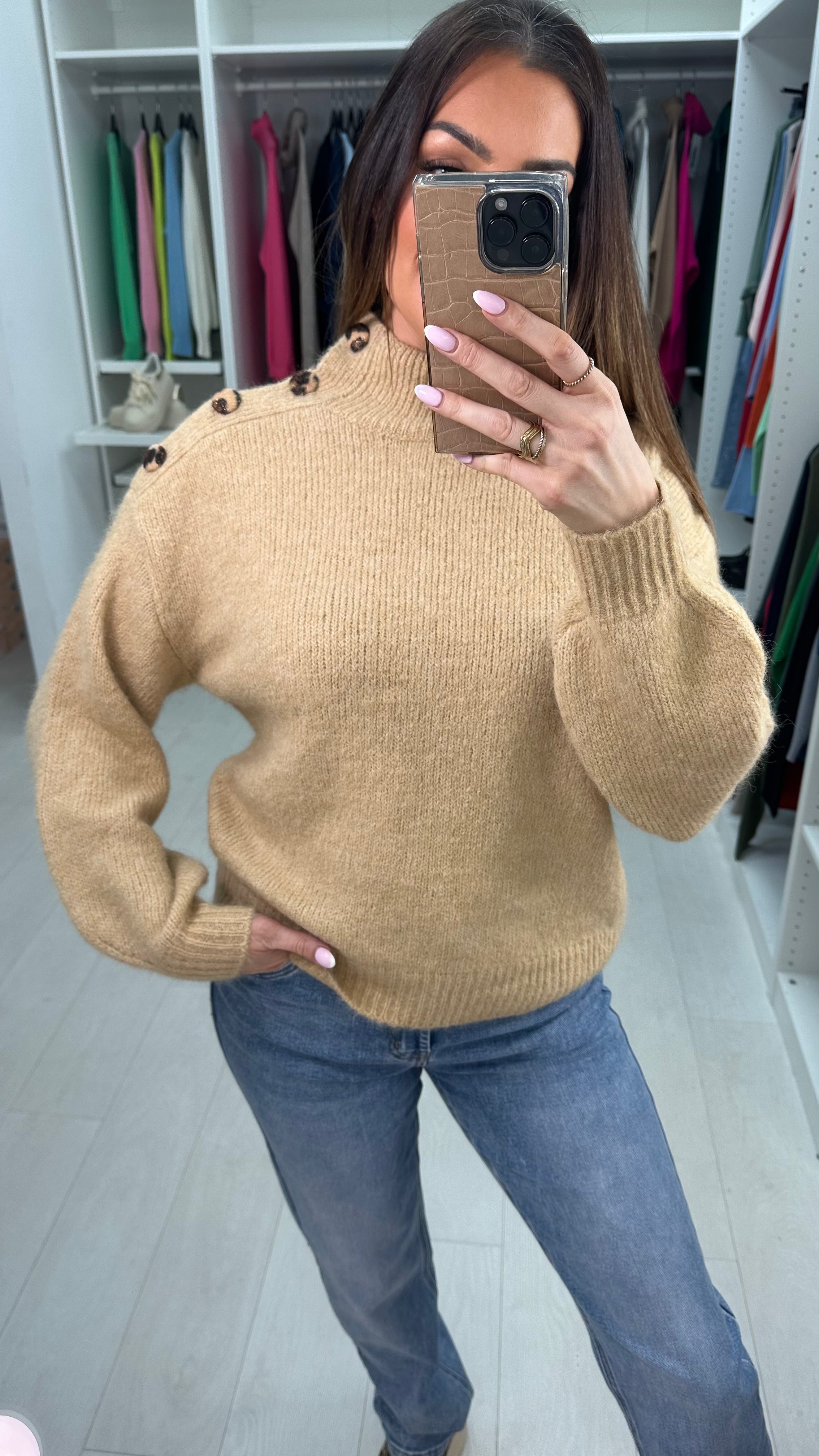 Mimi High Neck Button Shoulder Detail Knit Jumper