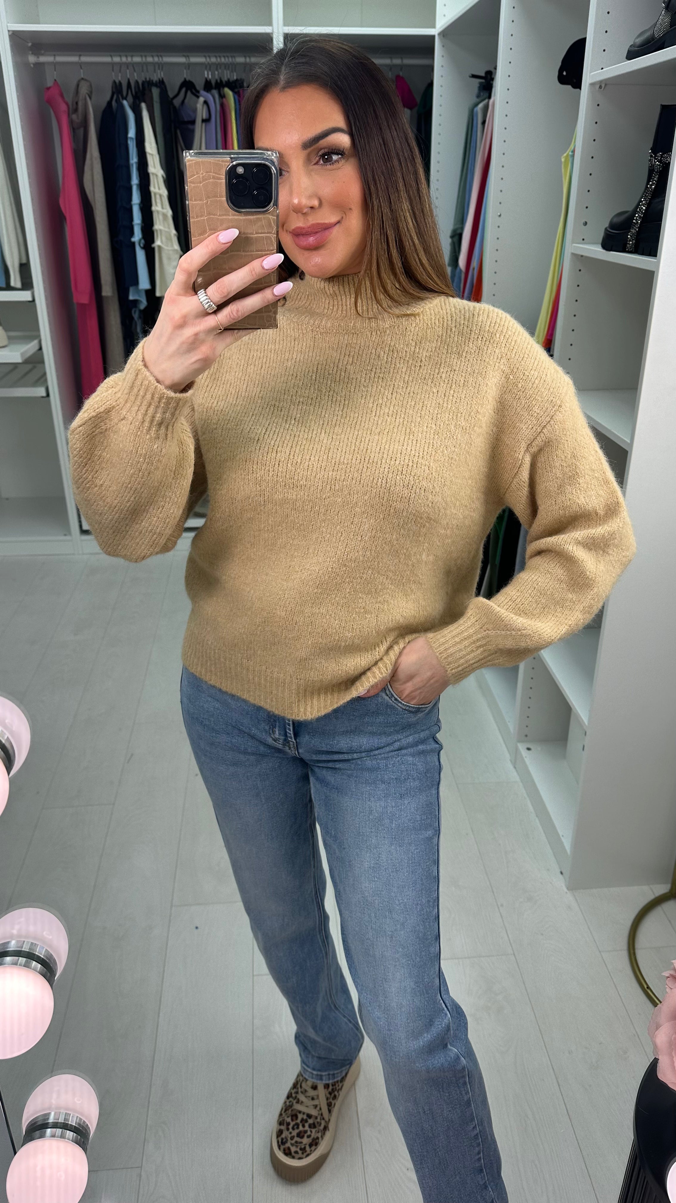 Mimi High Neck Button Shoulder Detail Knit Jumper