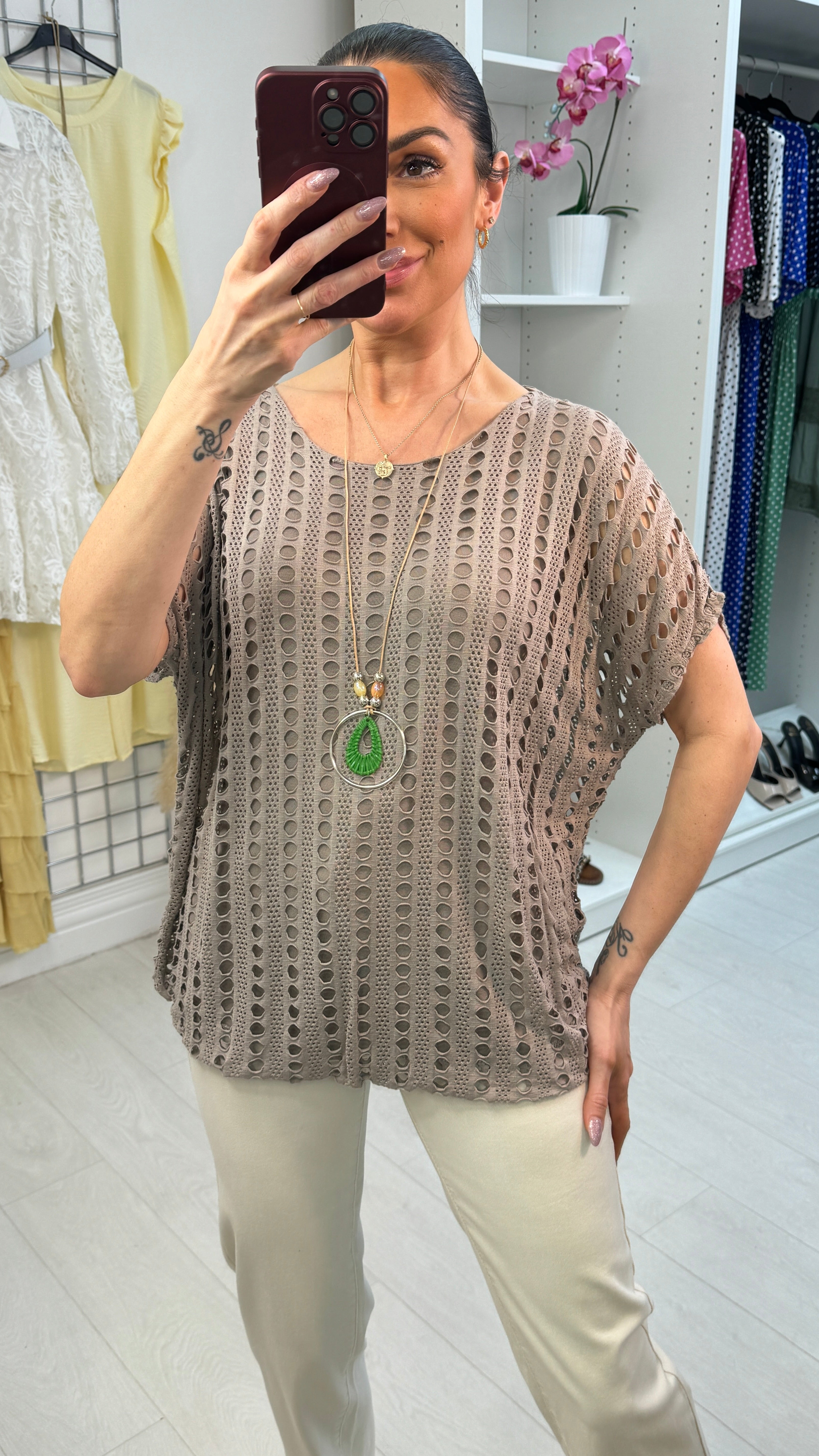 Atilla Plain Textured Bubble Hem Necklace Top