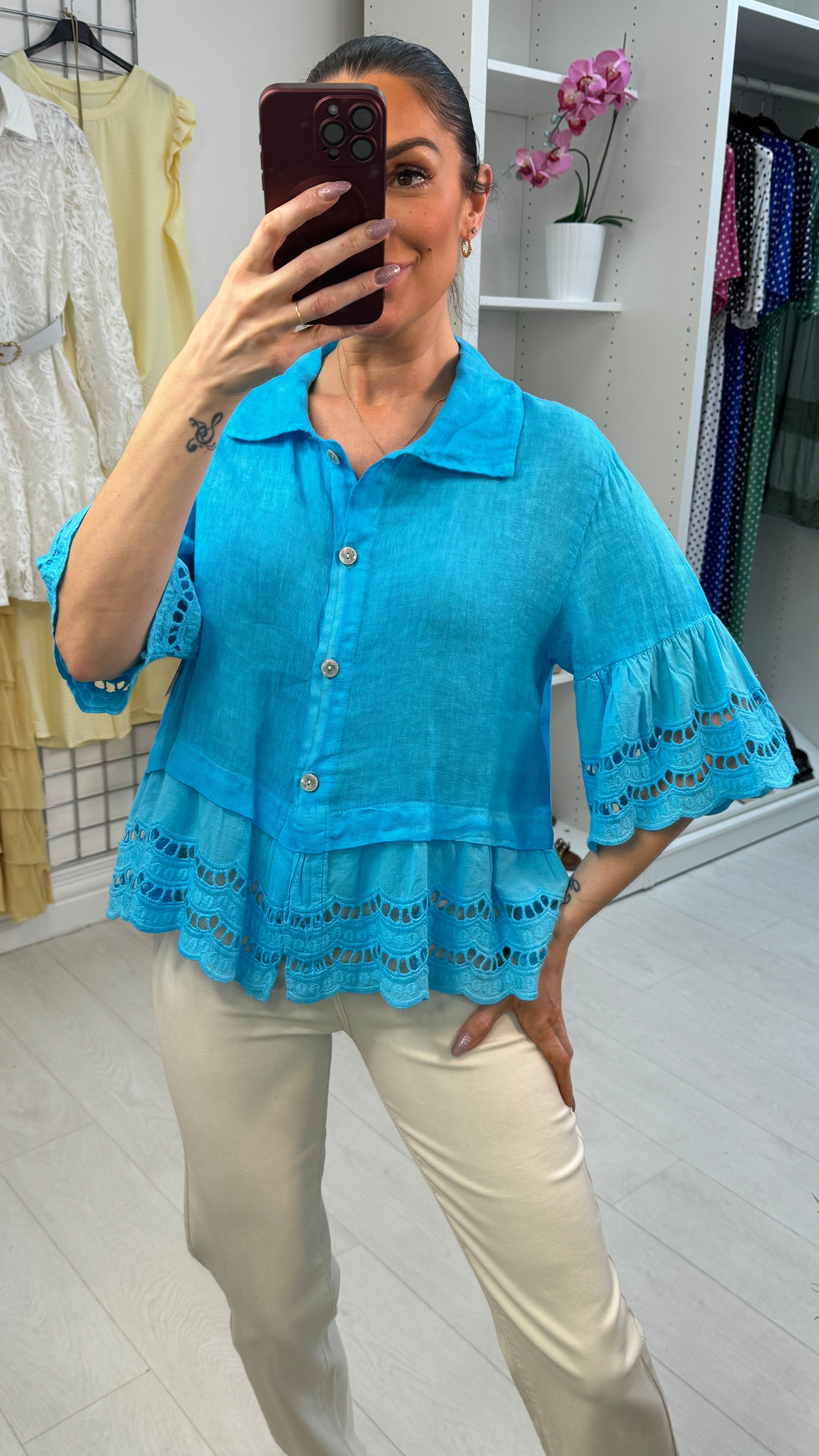 Maeve Plain Loose Fit Frill Detailed Linen Smock Shirt