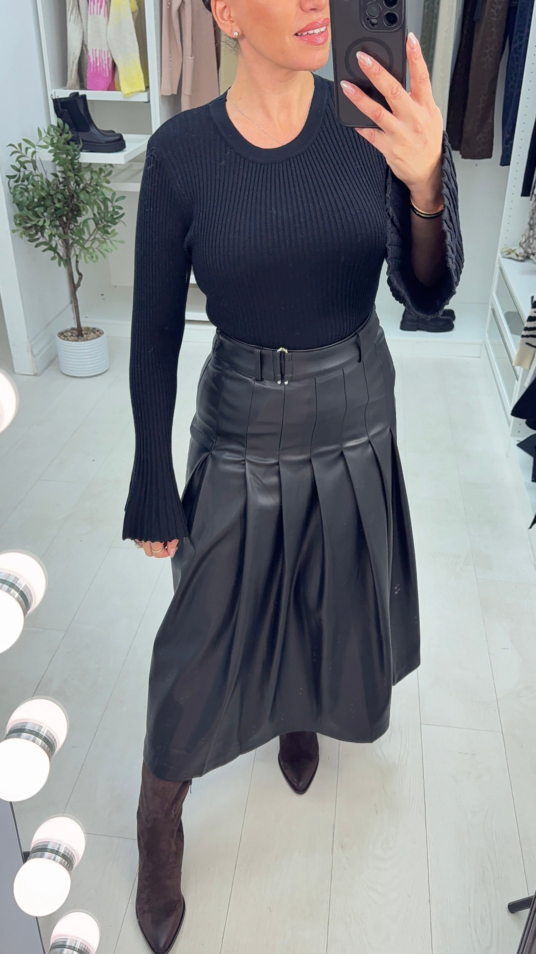 Kaylani Faux Leather Pleated Midi Skirt