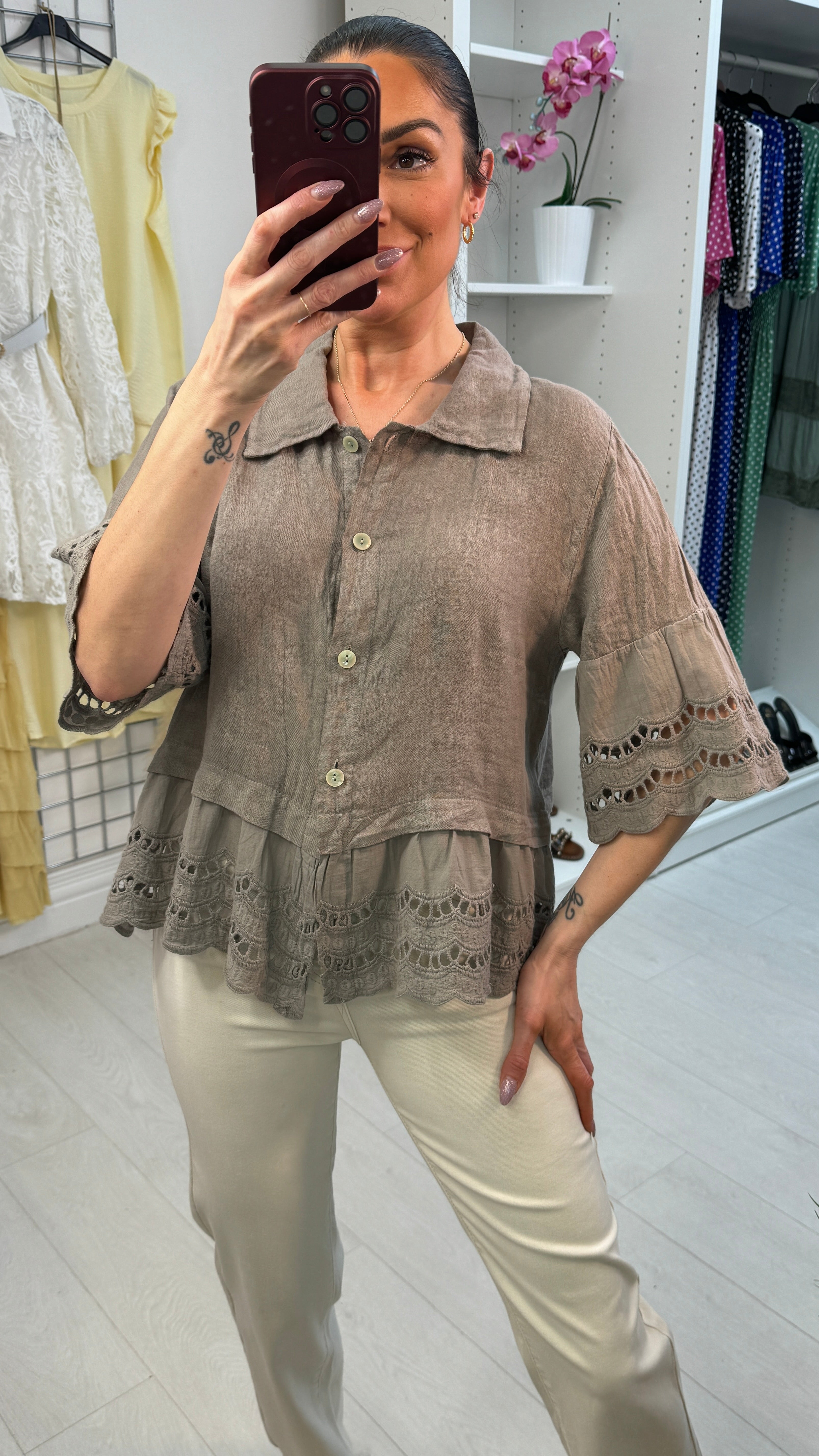 Maeve Plain Loose Fit Frill Detailed Linen Smock Shirt