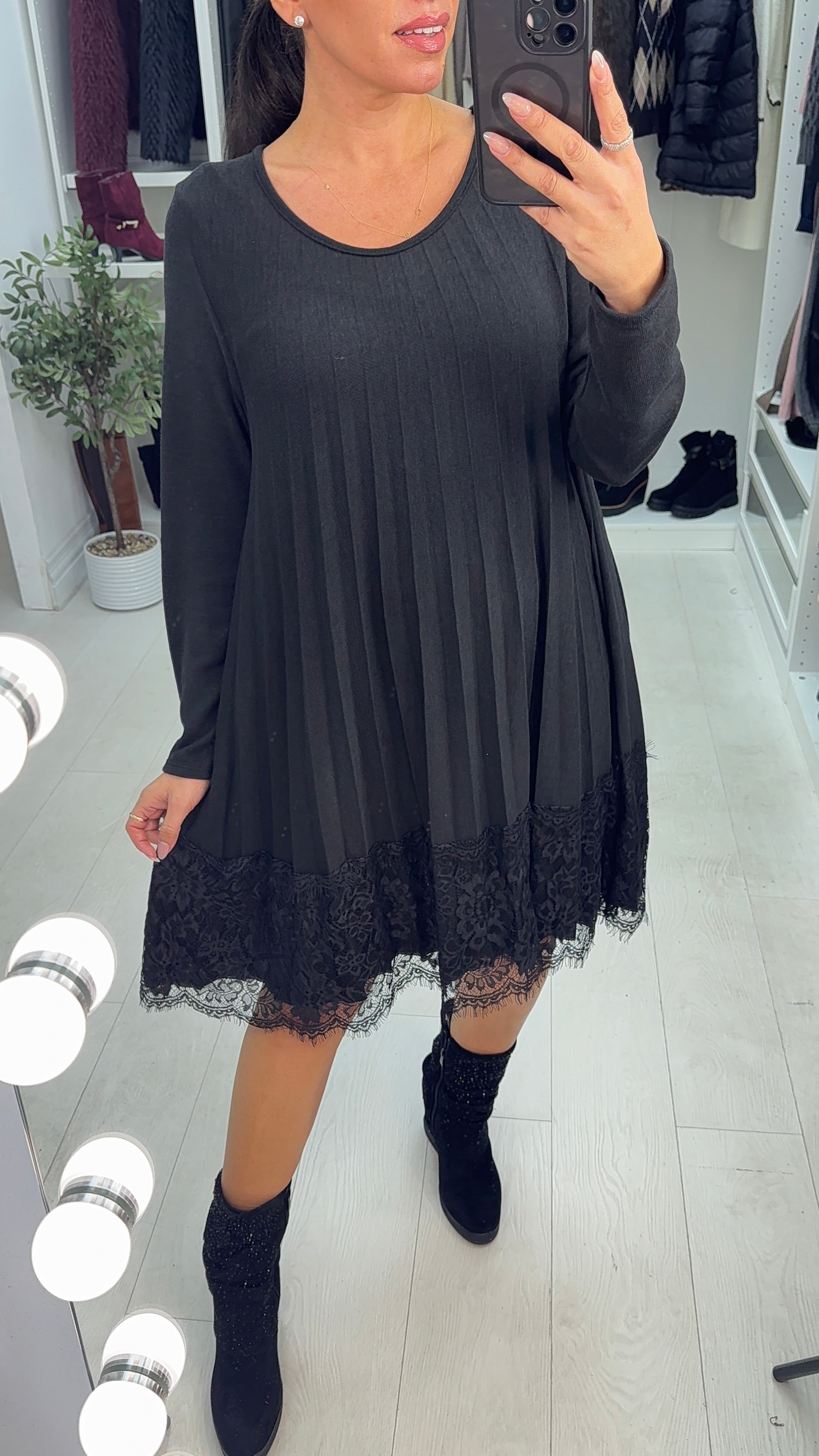 Sharlotta Lace Hem Pleated Loose Fit Dress