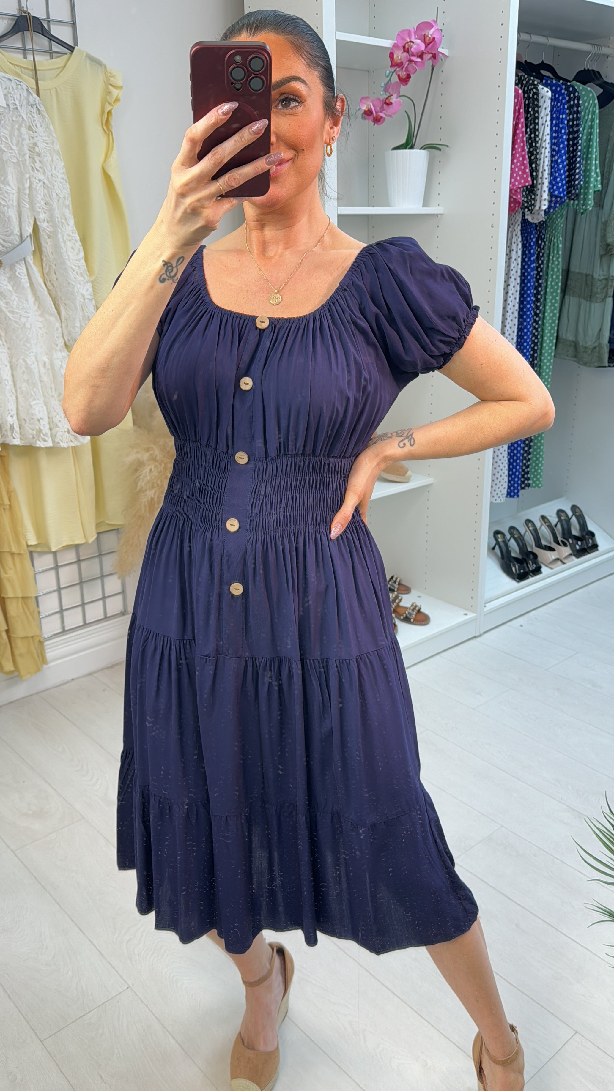 Jeyda Plain Button Detail Midi Dress