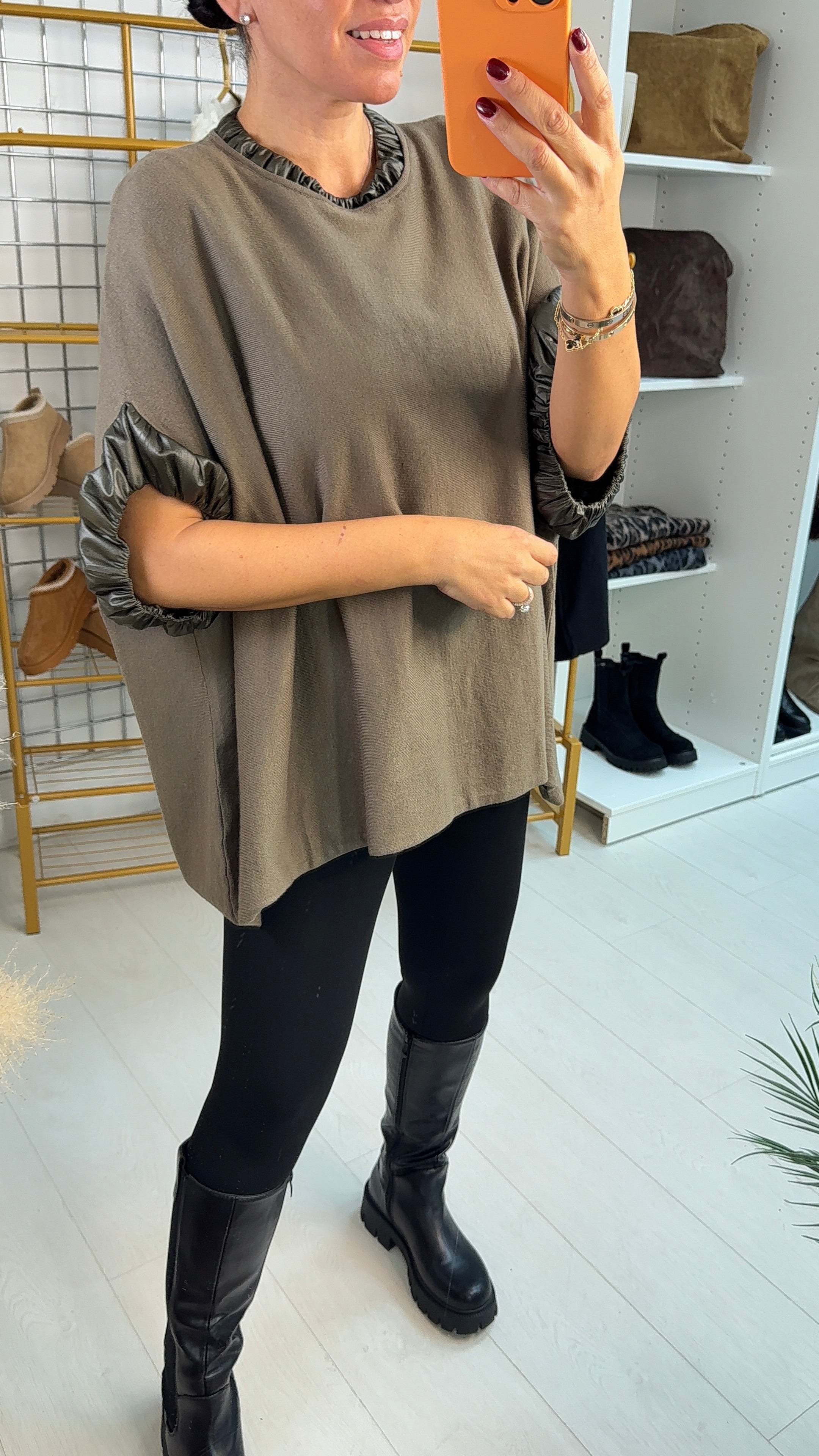 Shamsa Faux Leather Look Hem Detail Loose Fit Jumper