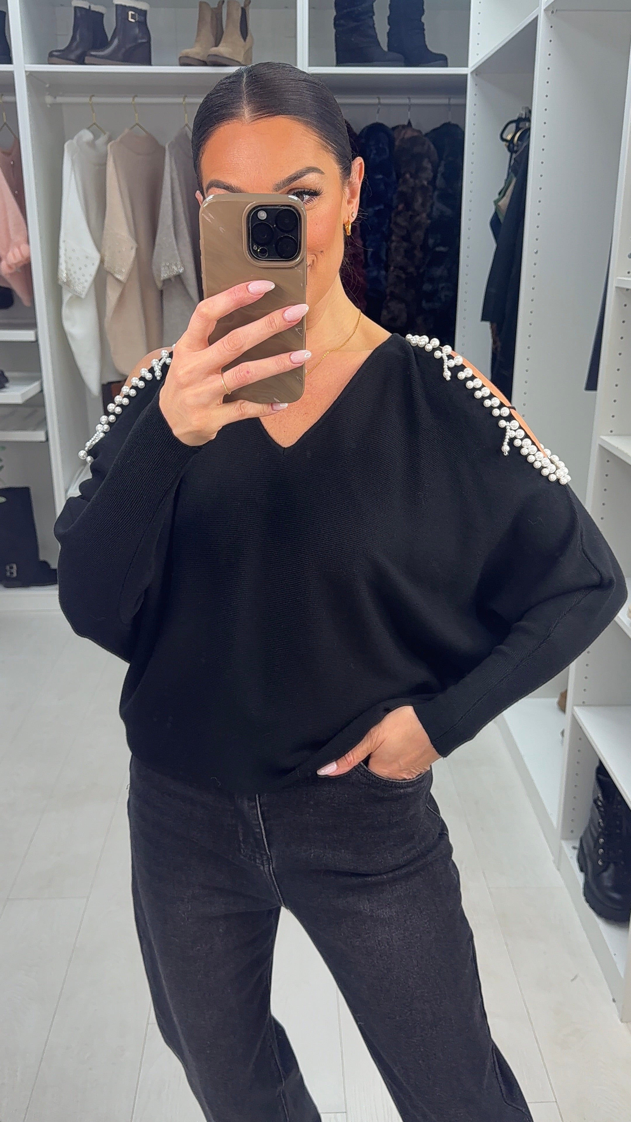 Zuri Pearl Embellished Cold Shoulder Jumper