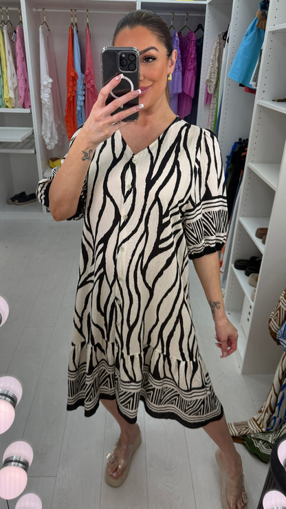 Raya V Neck Button Front Loose Fit Dress