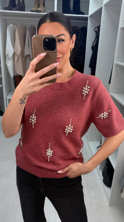 Natalina Pearl Embellished Short Sleeve Knit Jumper