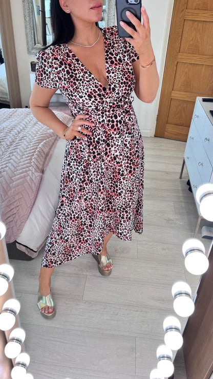 Kalissi Pink Leopard Print Dip Hem Dress