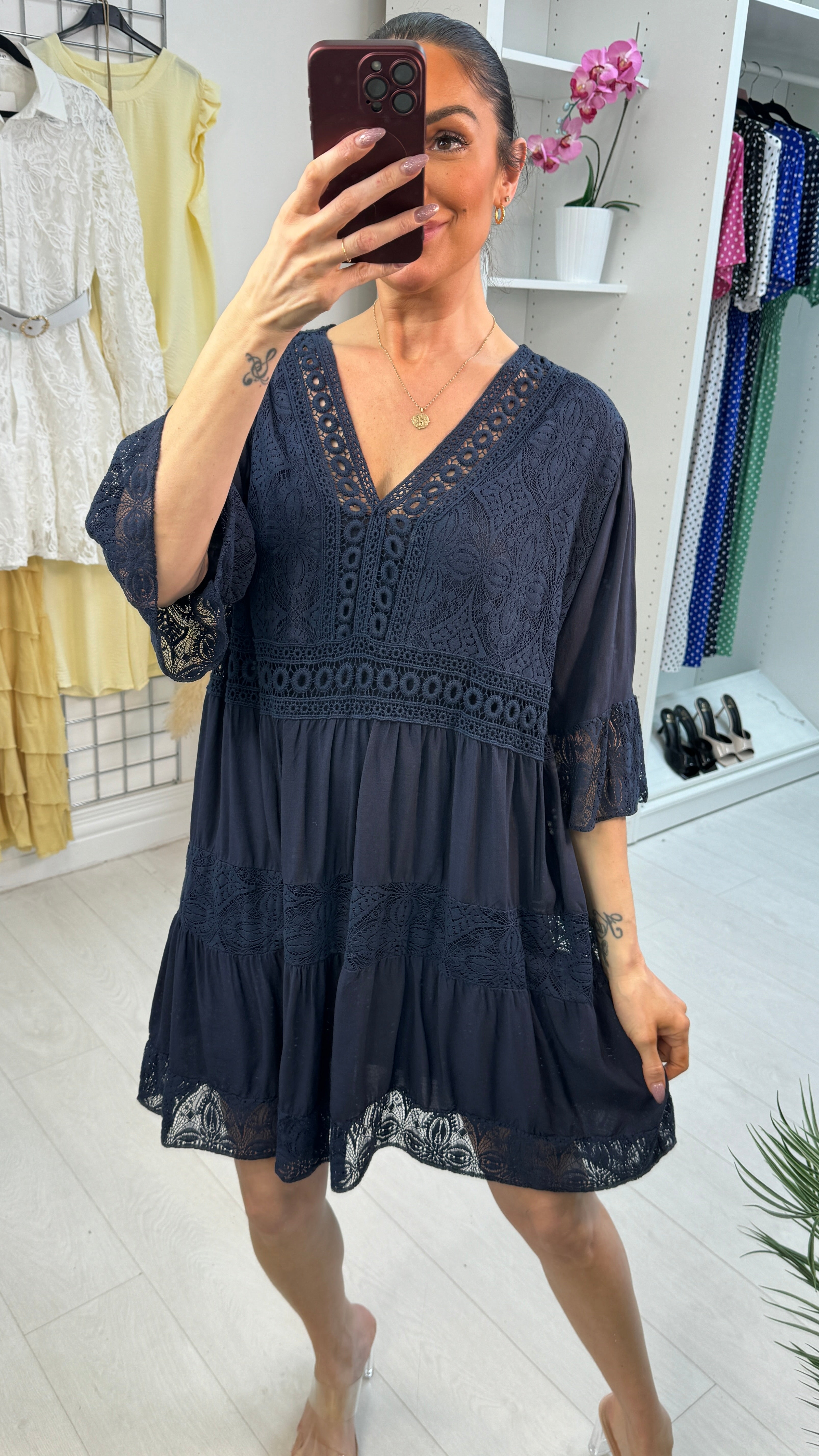 Debi Lace Embroidered Smock Dress