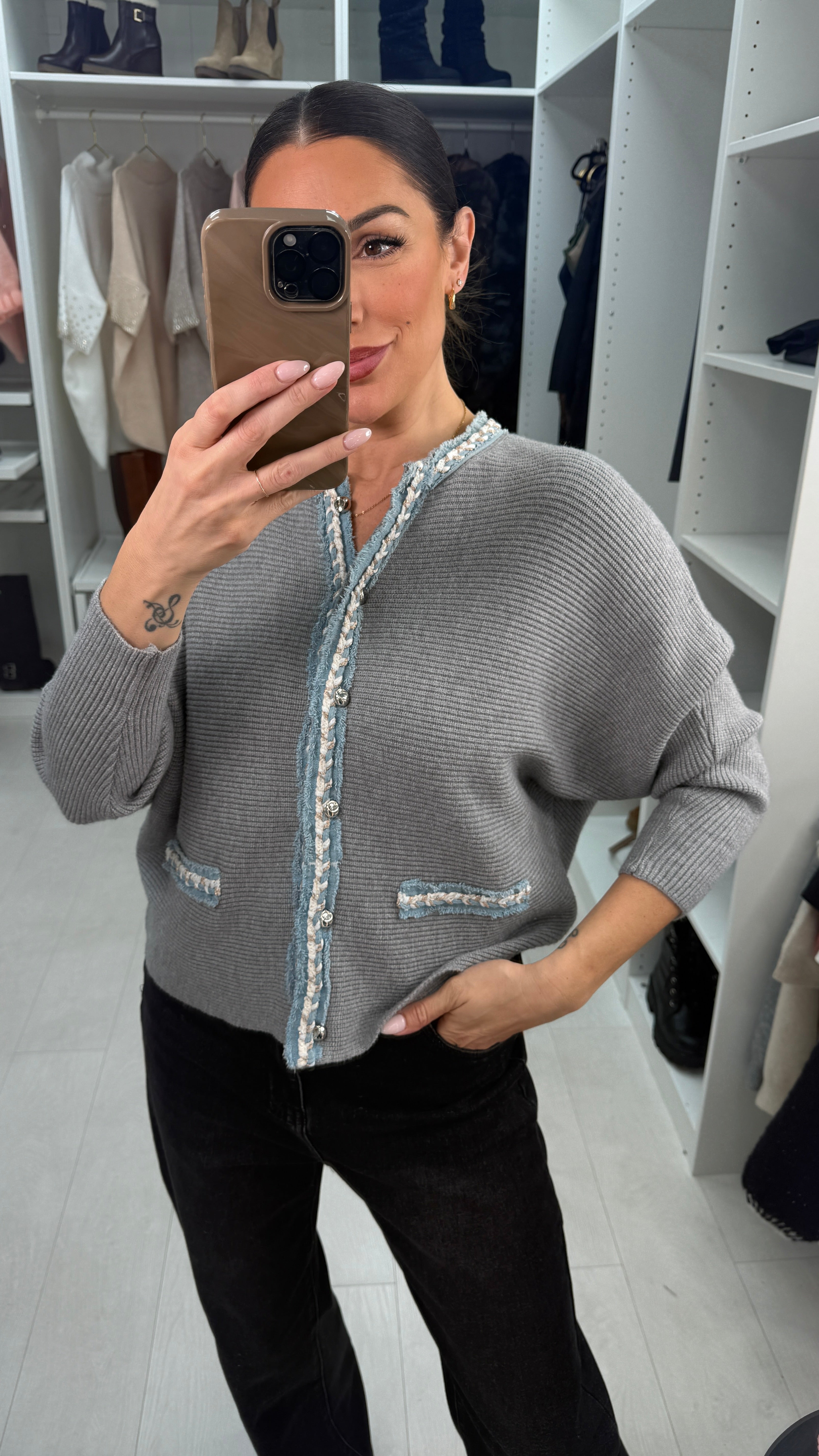 Yvonne Plain Denim Trim Knitted Cardigan