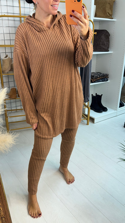 Yasmina Plain Ribbed Hooded Loungewear Set