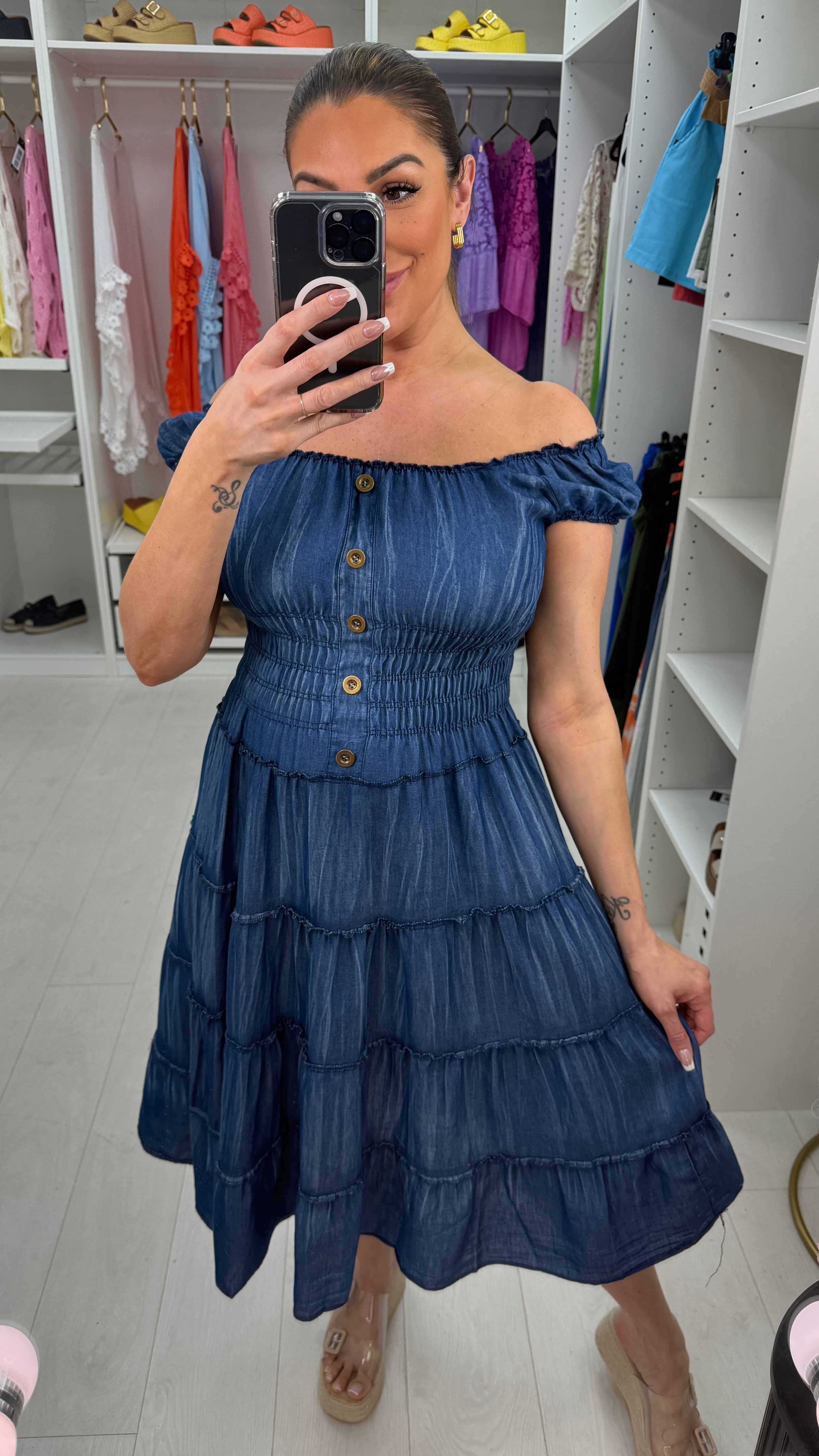 Zosia Shirred Waist Denim Midi Dress