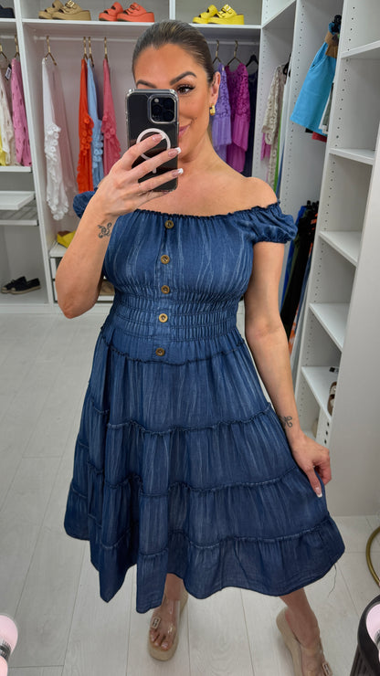 Zosia Shirred Waist Denim Midi Dress