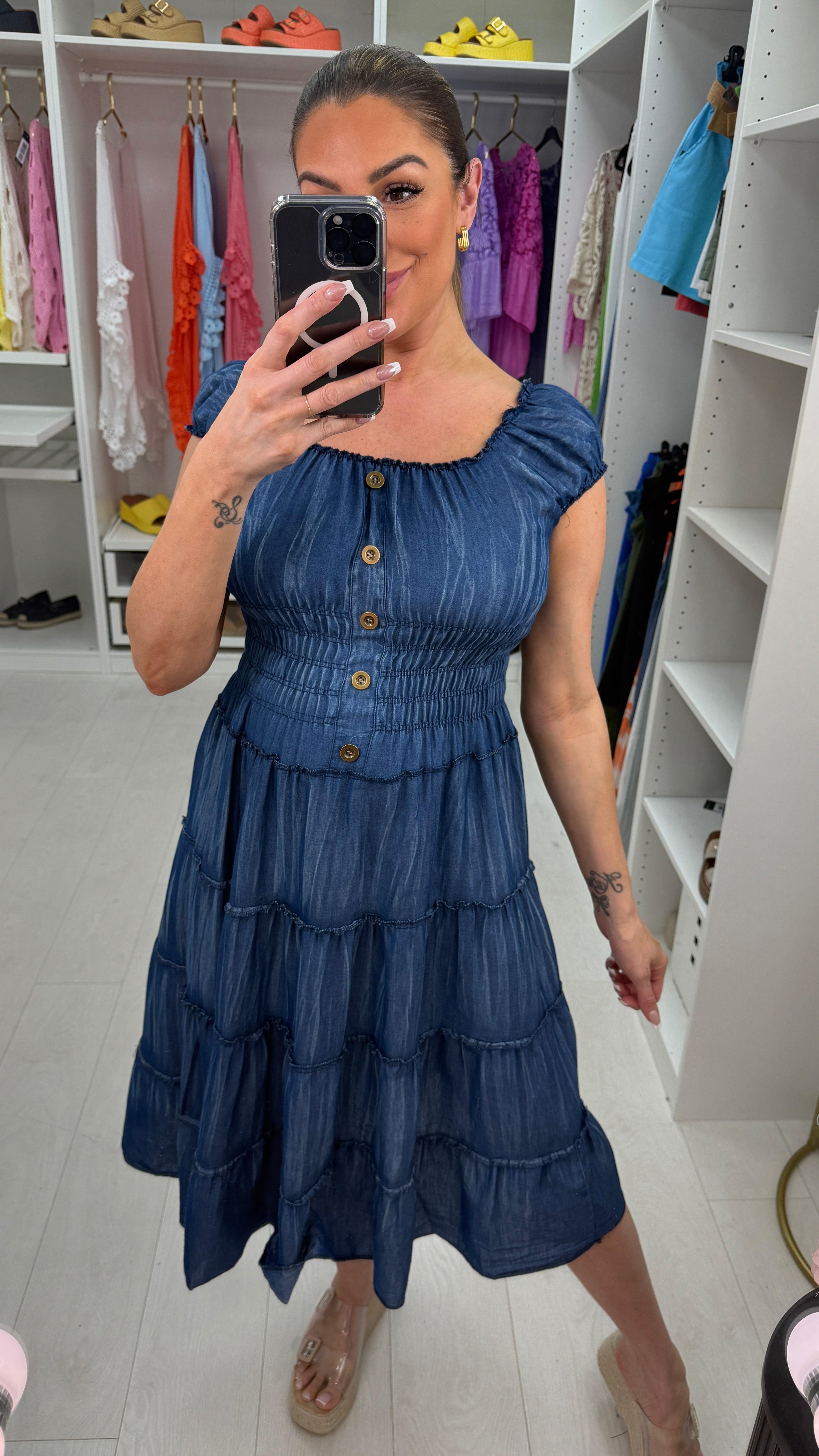 Zosia Shirred Waist Denim Midi Dress