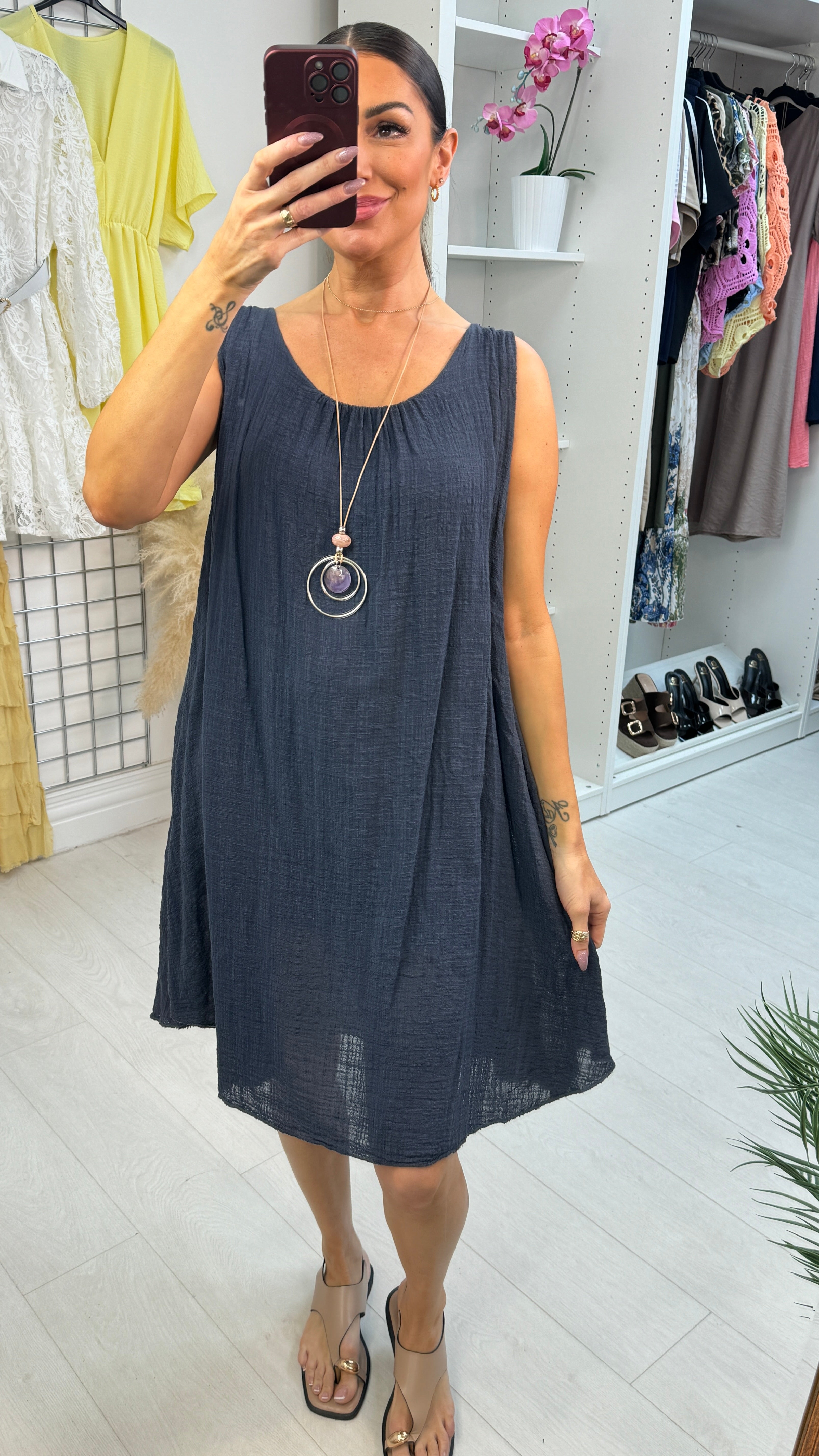 Kelice Plain Loose Fit Floaty Midi Necklace Dress