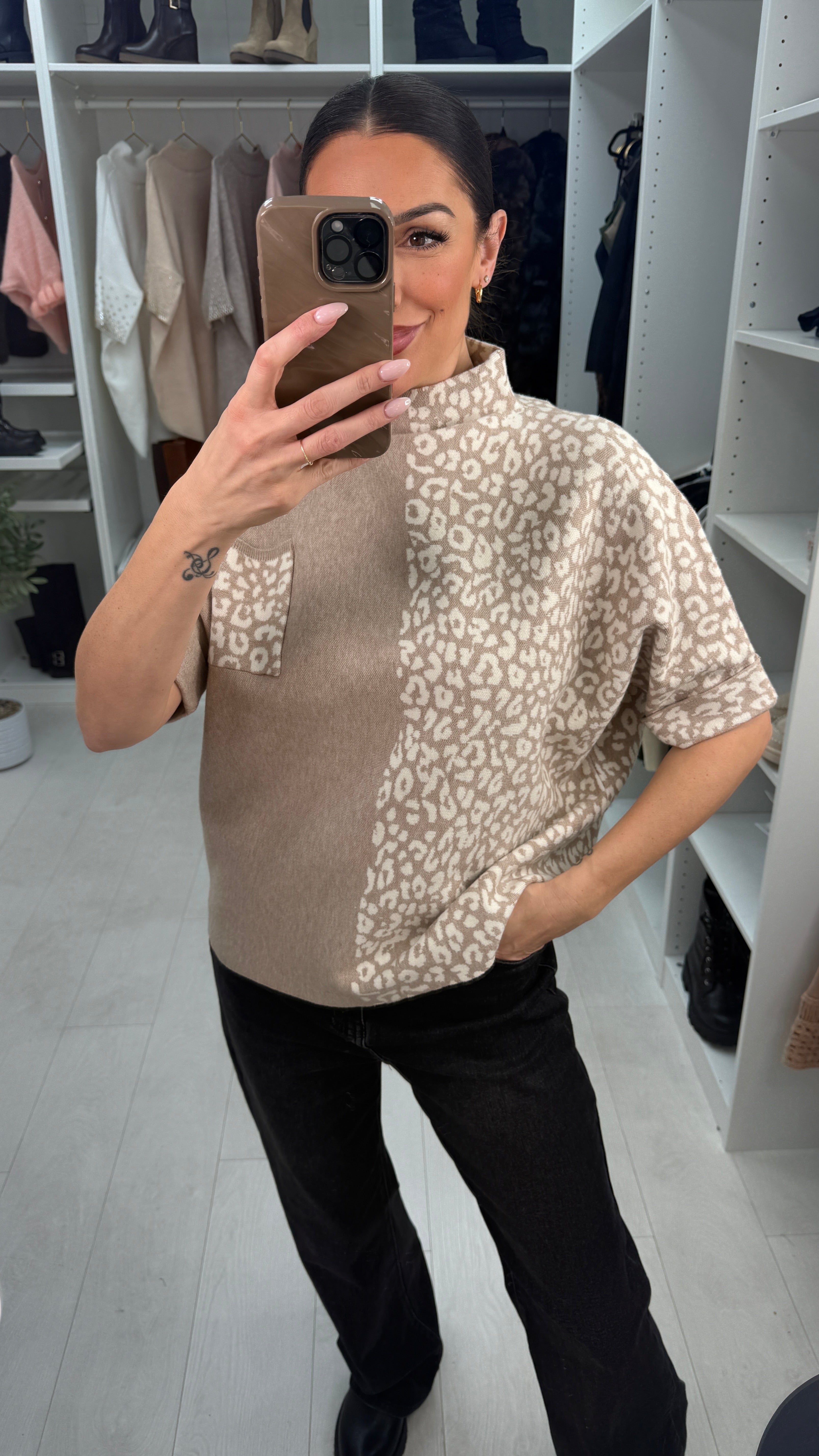 Dillia Leopard Print High Neck 3/4 Sleeve Jumper