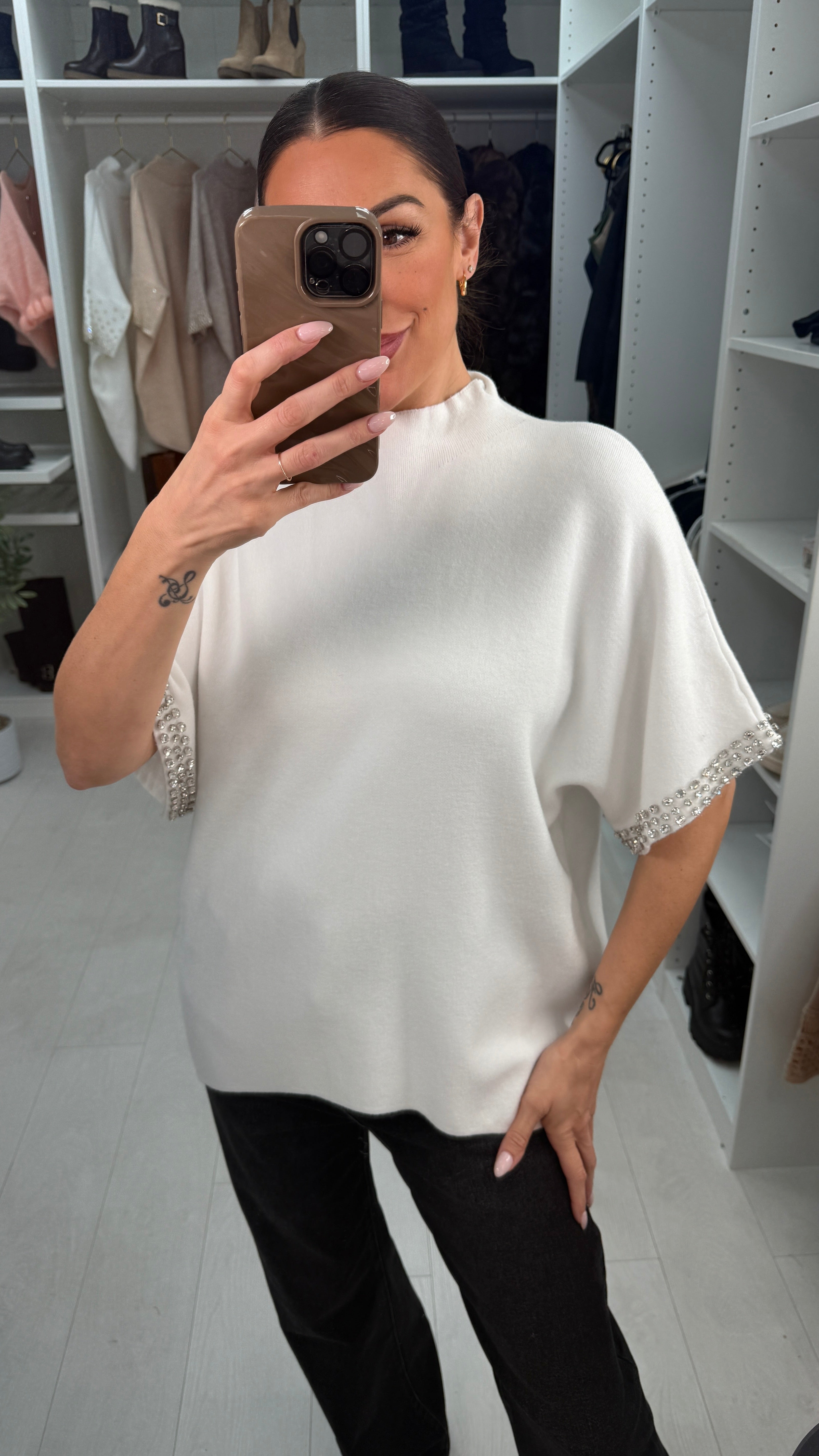 Devonie Diamante Sleeve Detail High Neck Jumper