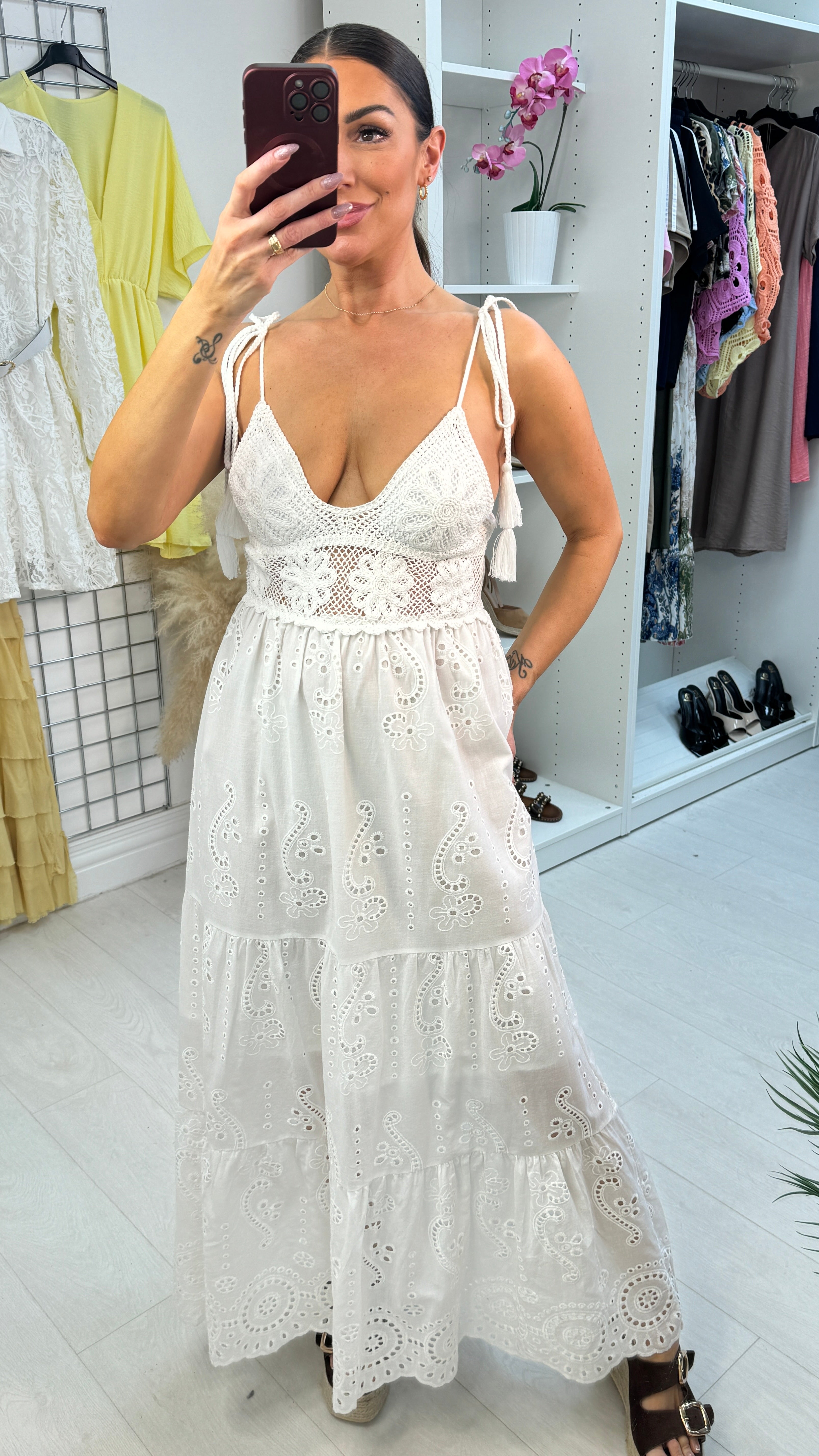 Joan Broidery Anglaise Crochet Bust Maxi Dress