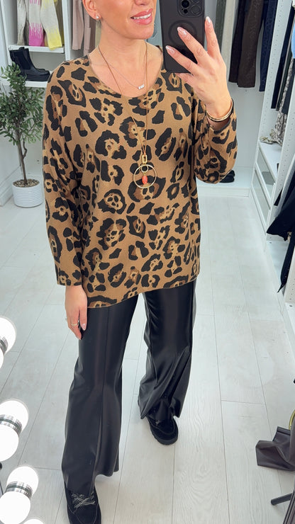 Zina Leopard Print Necklace Thin Knit Jumper