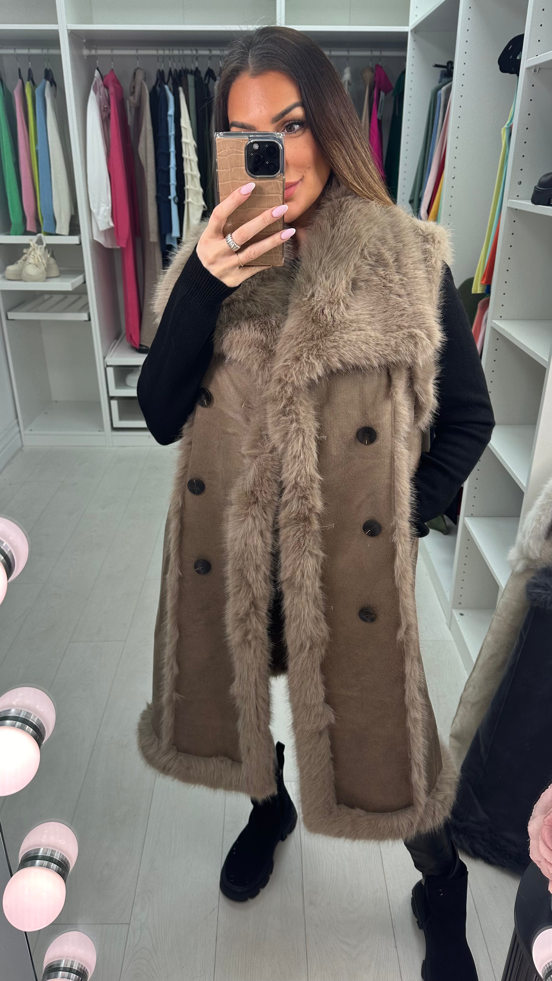 Emilie Faux Fur/Faux Suede Reversible Longline Gilet