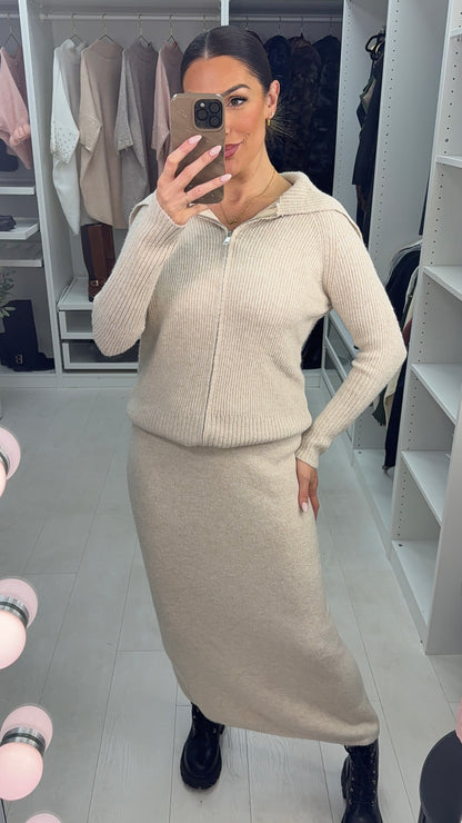 Tarissa Plain Ribbed Zip Front Skirt Co-Ord Set