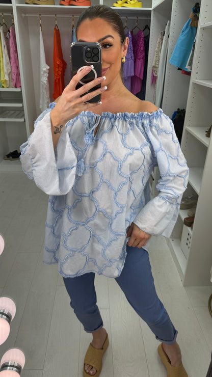 Arlo Textured Embroidered Bardot Top