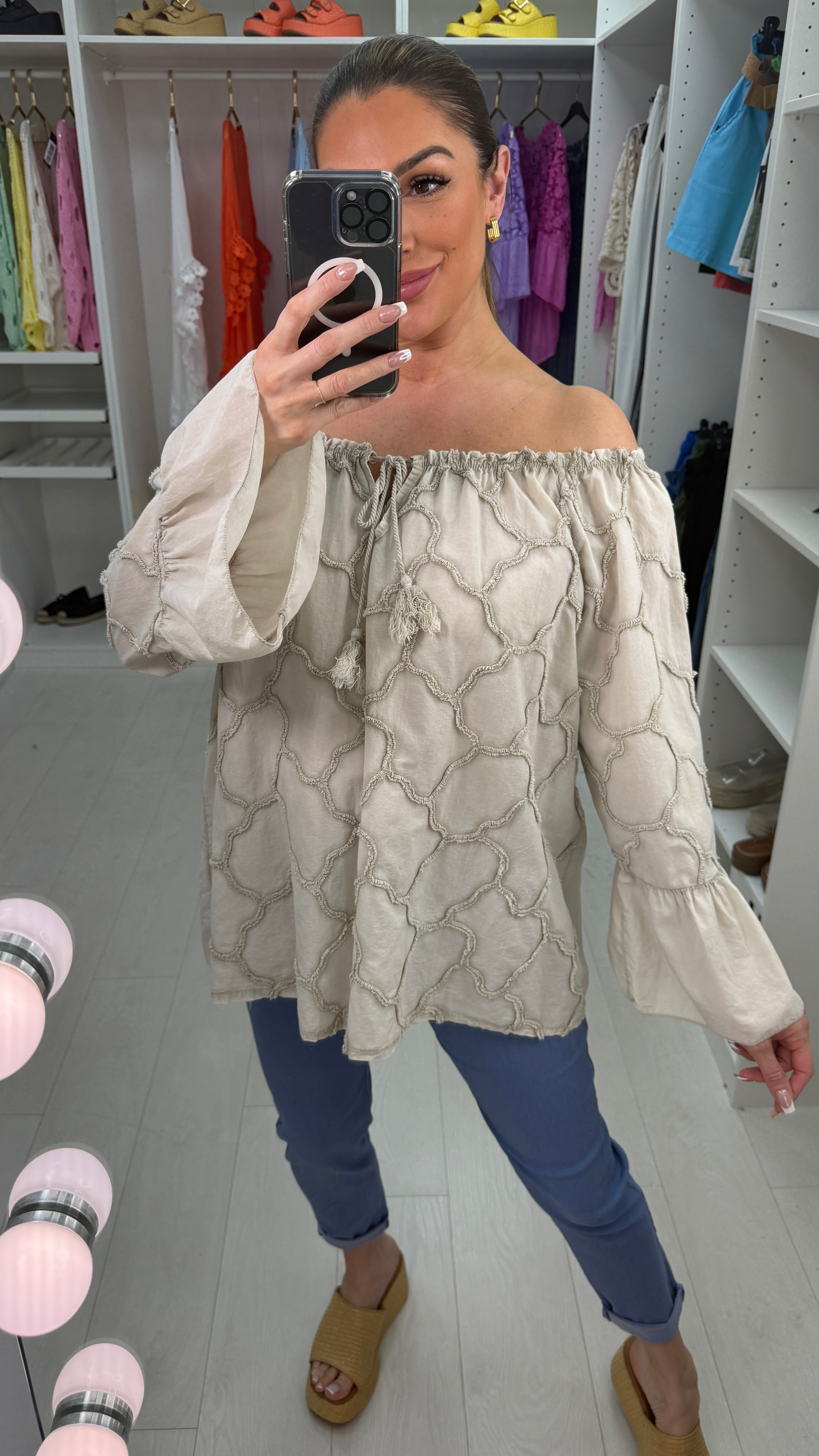 Arlo Textured Embroidered Bardot Top