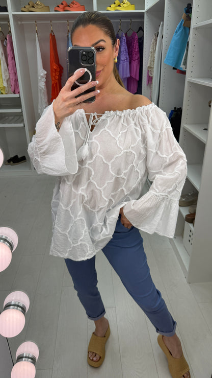 Arlo Textured Embroidered Bardot Top