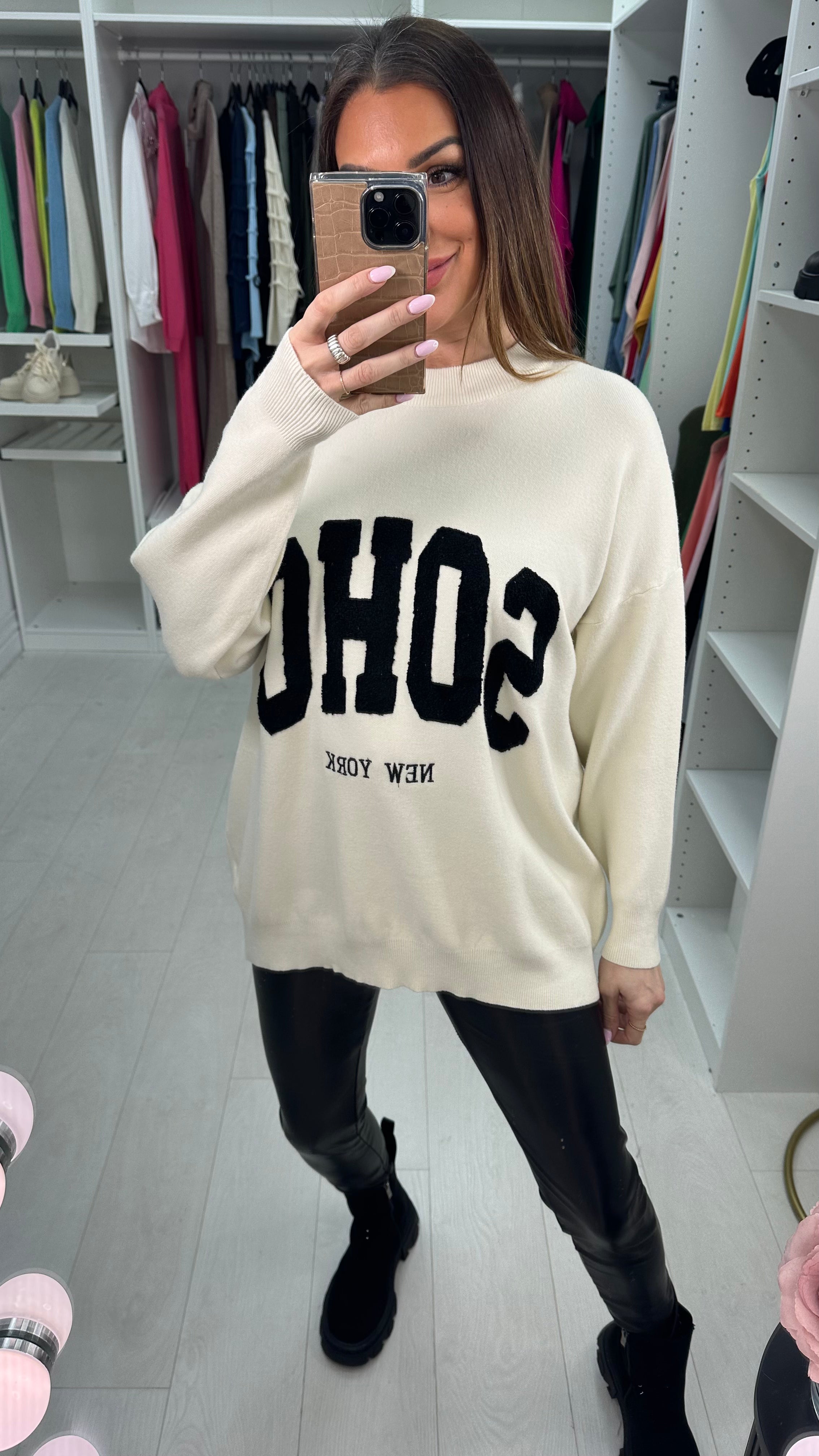 Naomi Boucle 'SOHO' Slogan Crew Neck Jumper