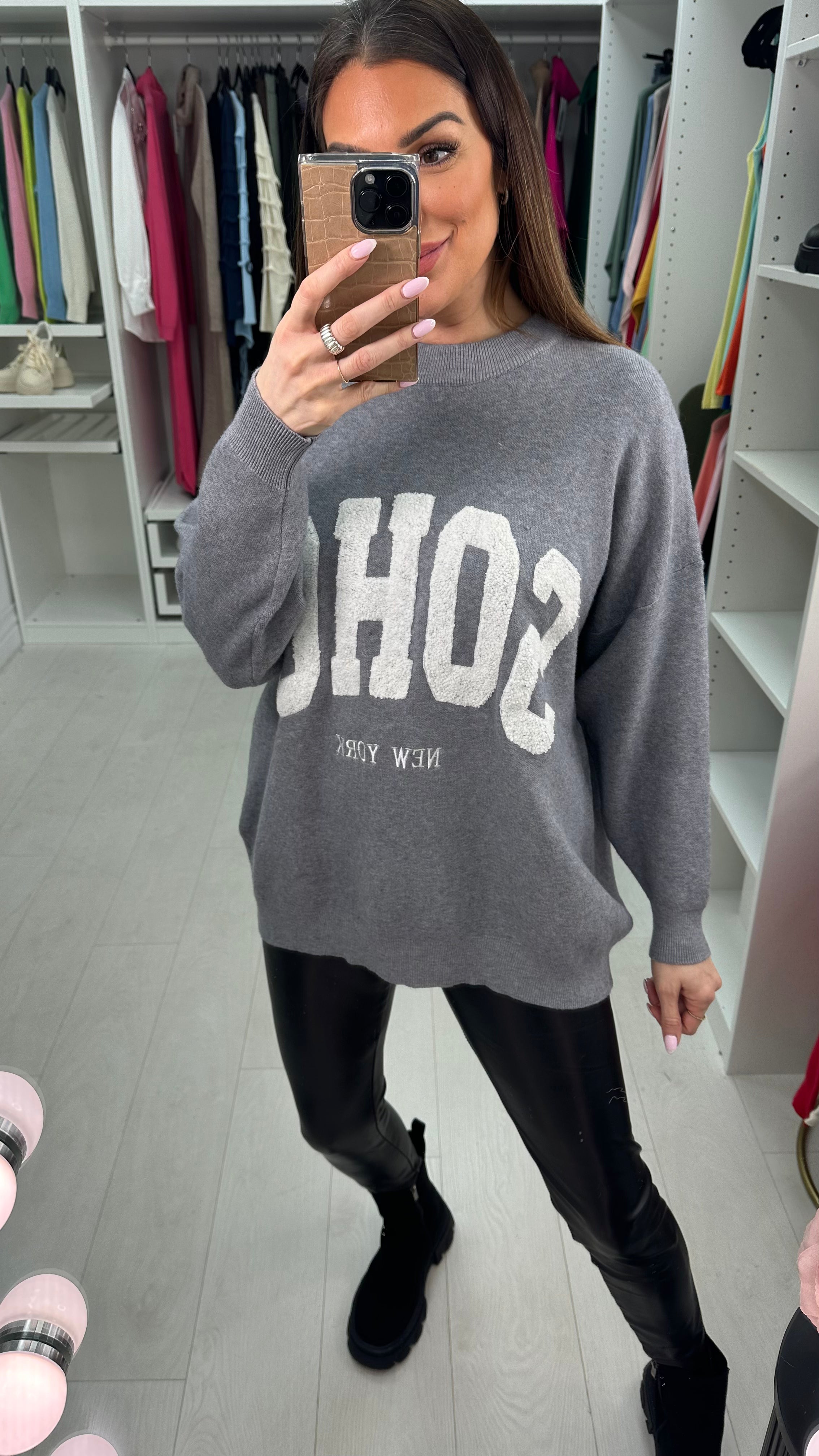 Naomi Boucle 'SOHO' Slogan Crew Neck Jumper