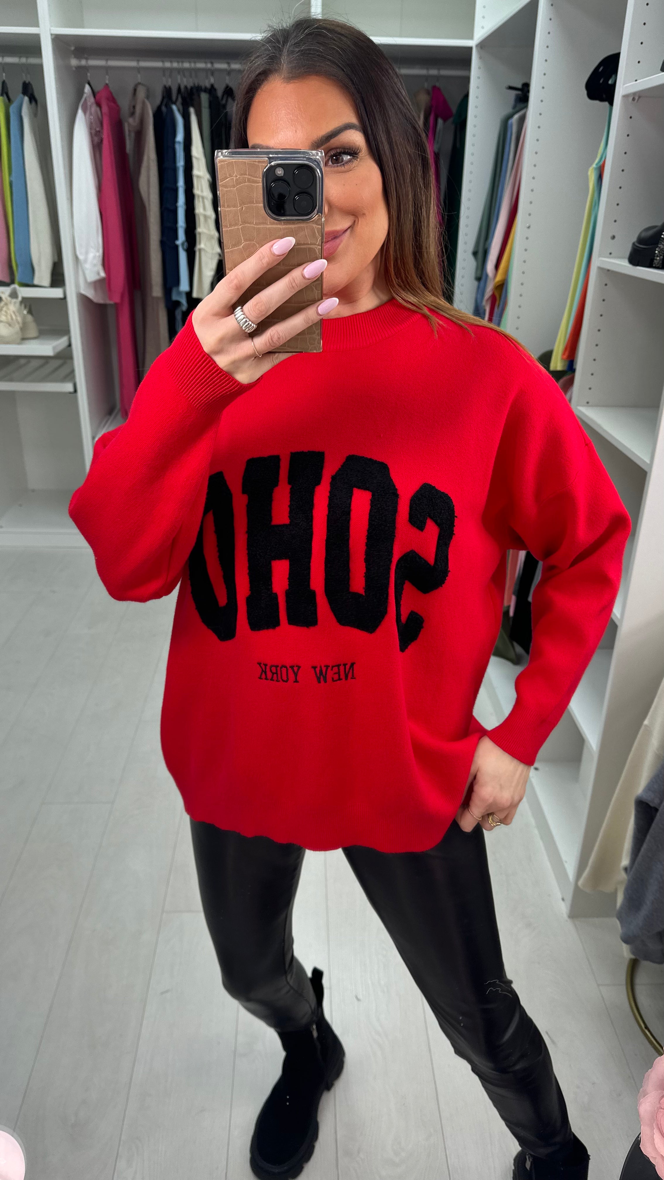 Naomi Boucle 'SOHO' Slogan Crew Neck Jumper