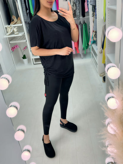 Saritta Black One Side Ruching Beaded Sleeve Top