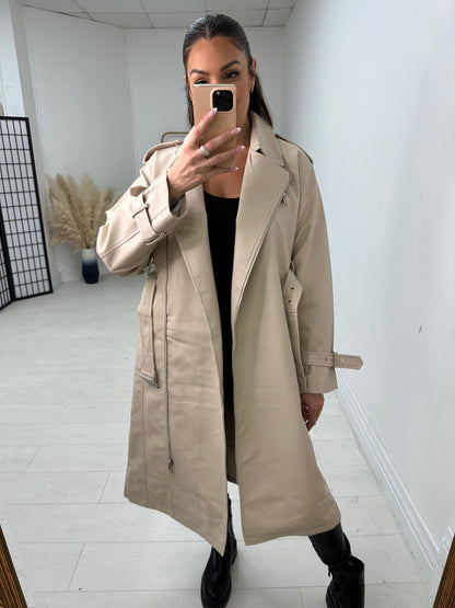Thandie Faux Leather Belted Longline Jacket