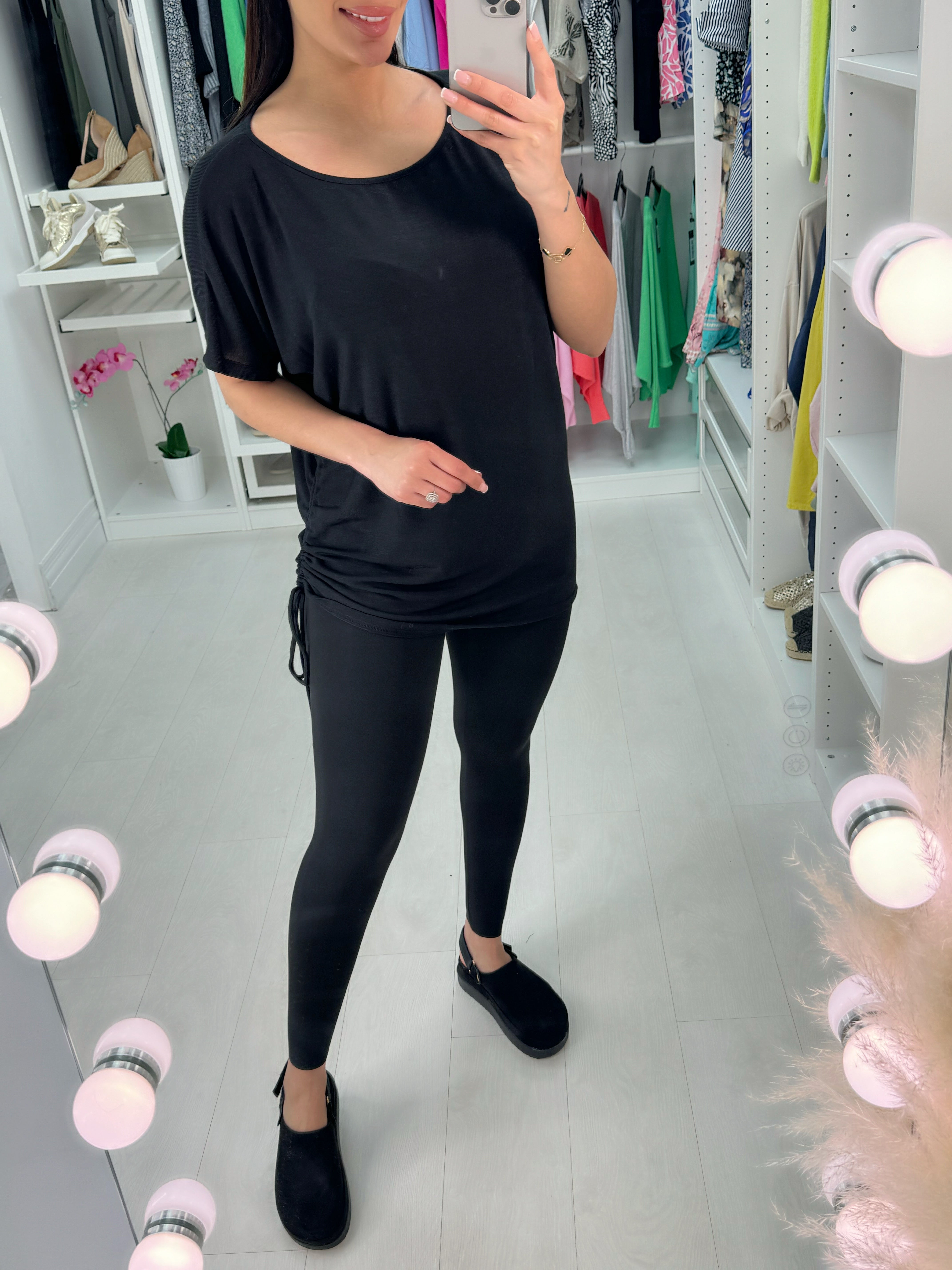 Saritta Black One Side Ruching Beaded Sleeve Top