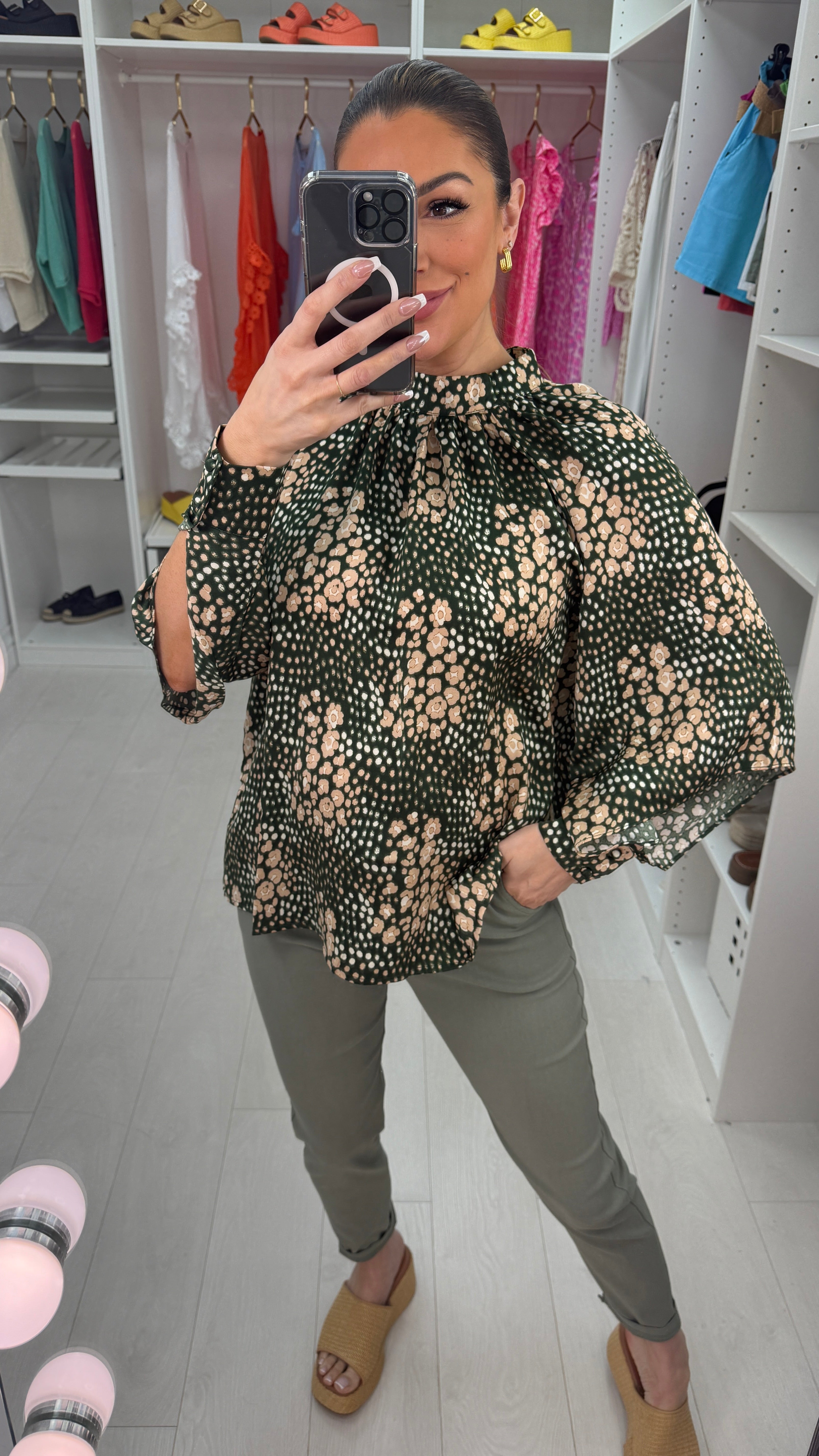 Henley Satin Graphic Print Blouse