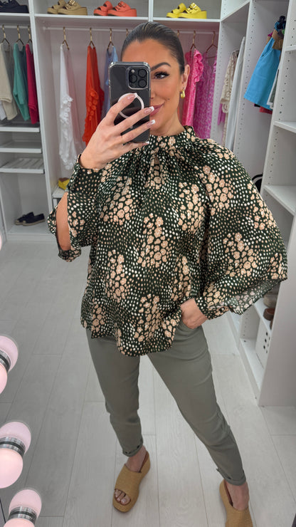 Henley Satin Graphic Print Blouse