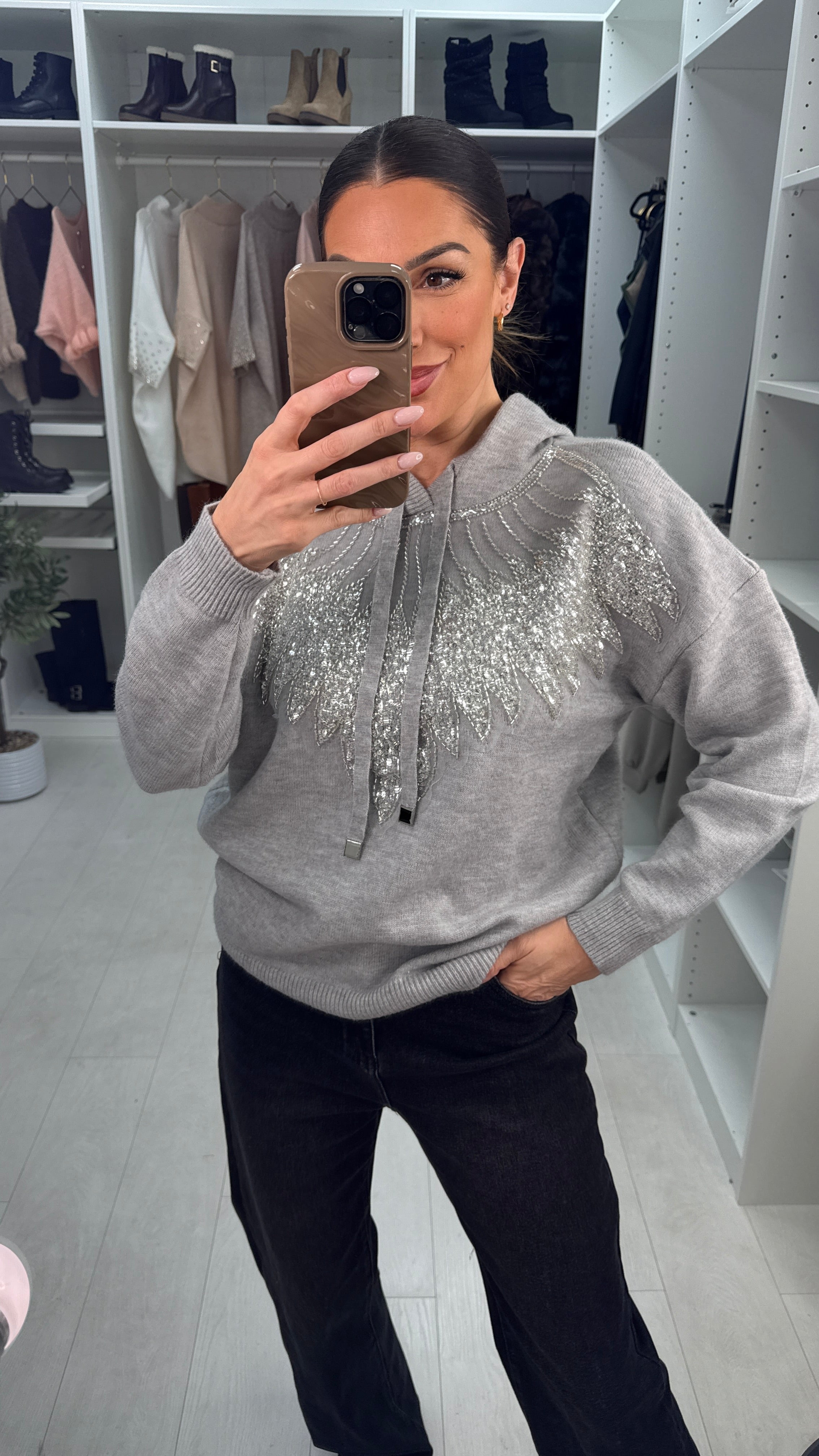 Cleo Embellished Front Hoodie Knit Jumper