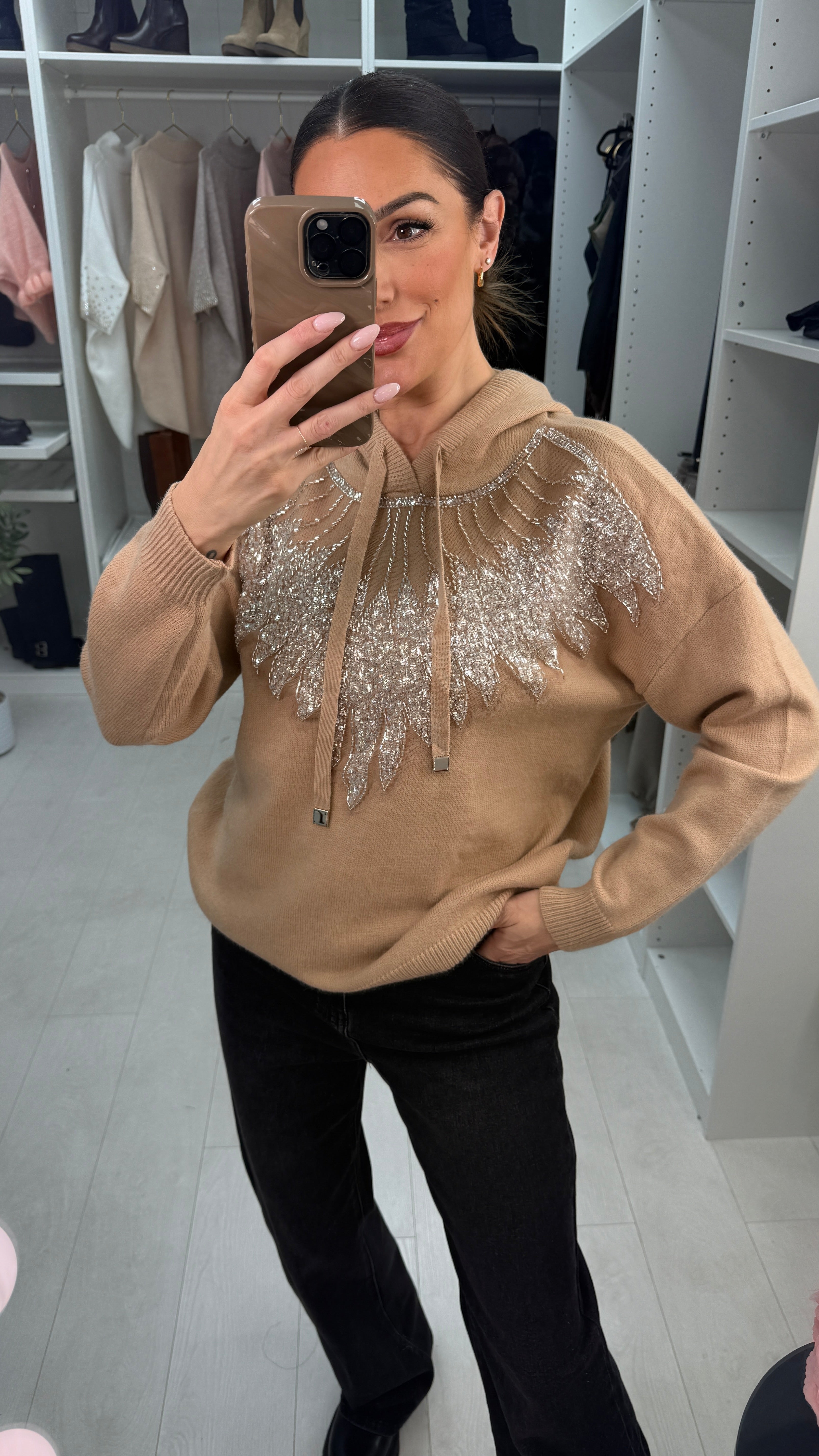 Cleo Embellished Front Hoodie Knit Jumper
