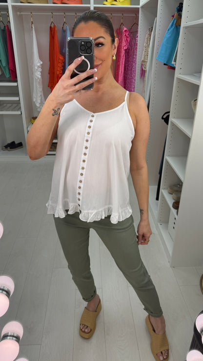 Rachey White Button Front Frill Hem Cami