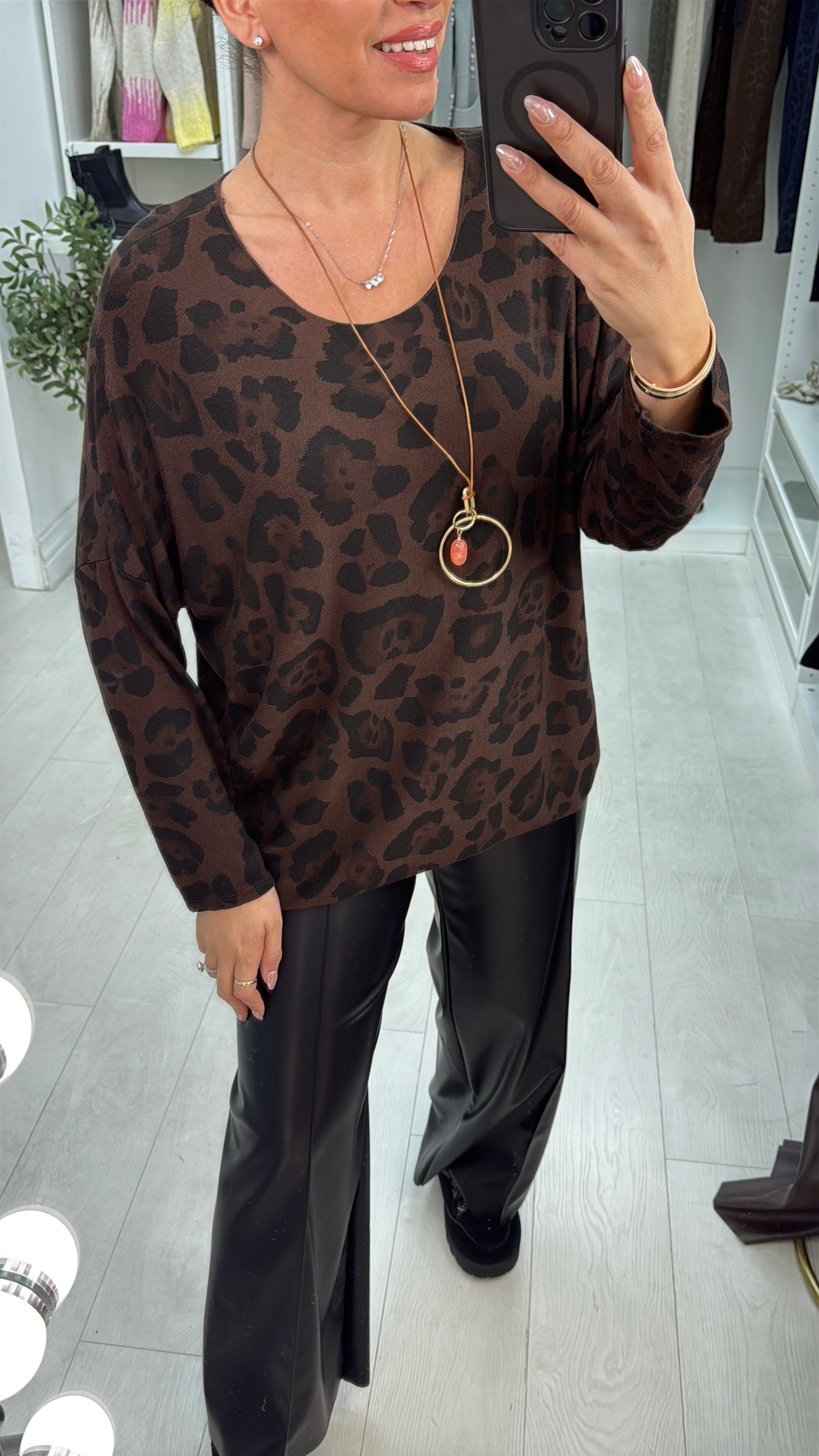 Zina Leopard Print Necklace Thin Knit Jumper