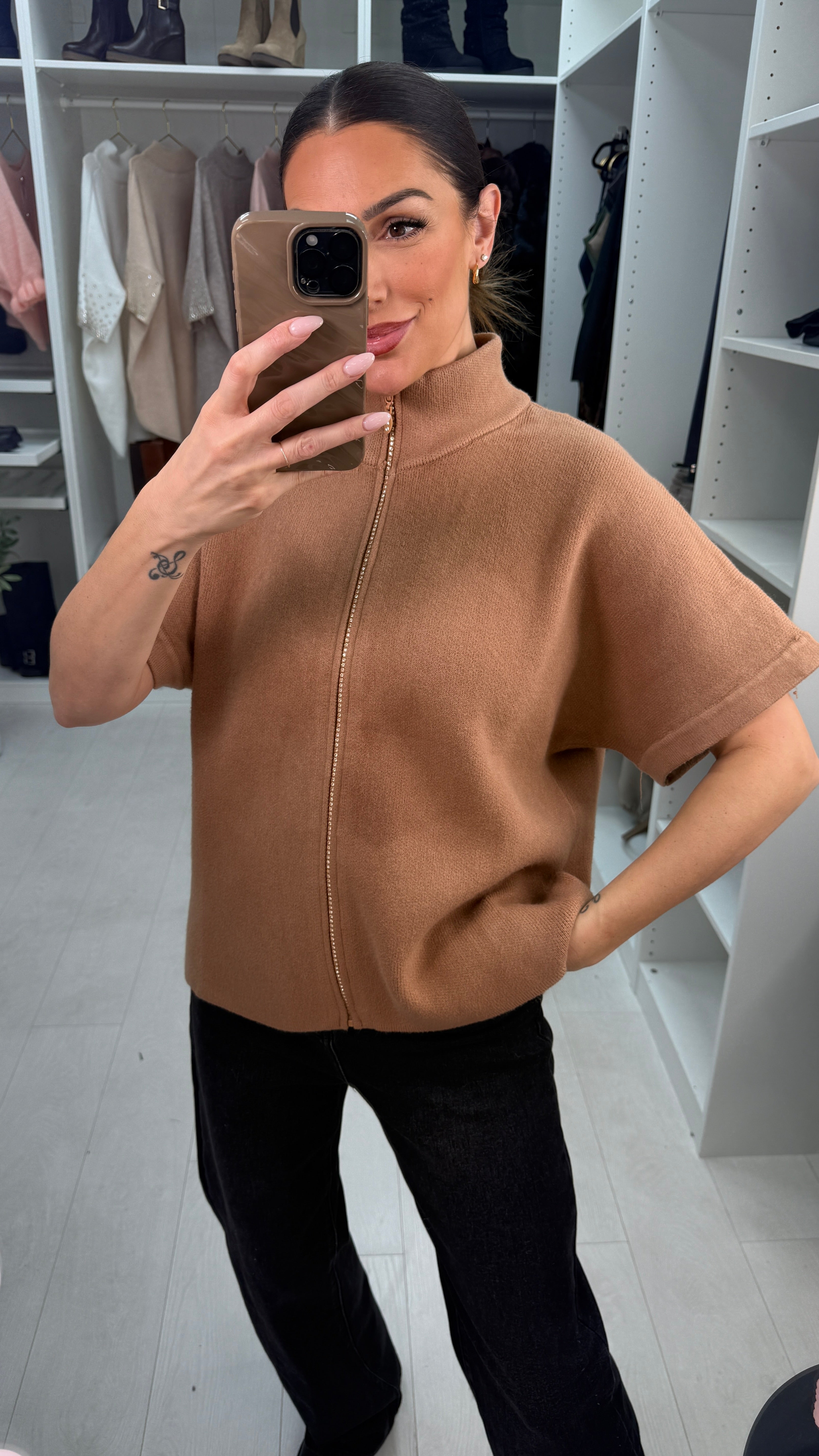 Jemma High Neck Diamante Zip Detail Super Soft Cardigan