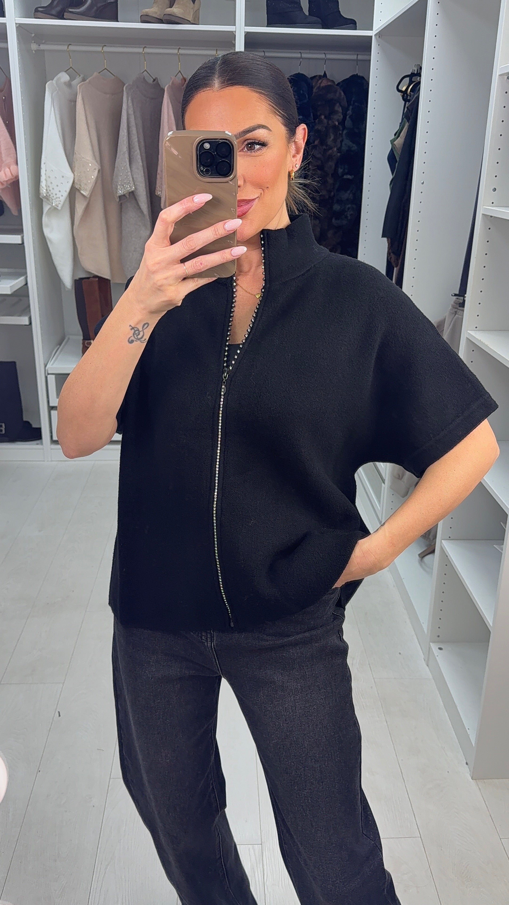 Jemma High Neck Diamante Zip Detail Super Soft Cardigan