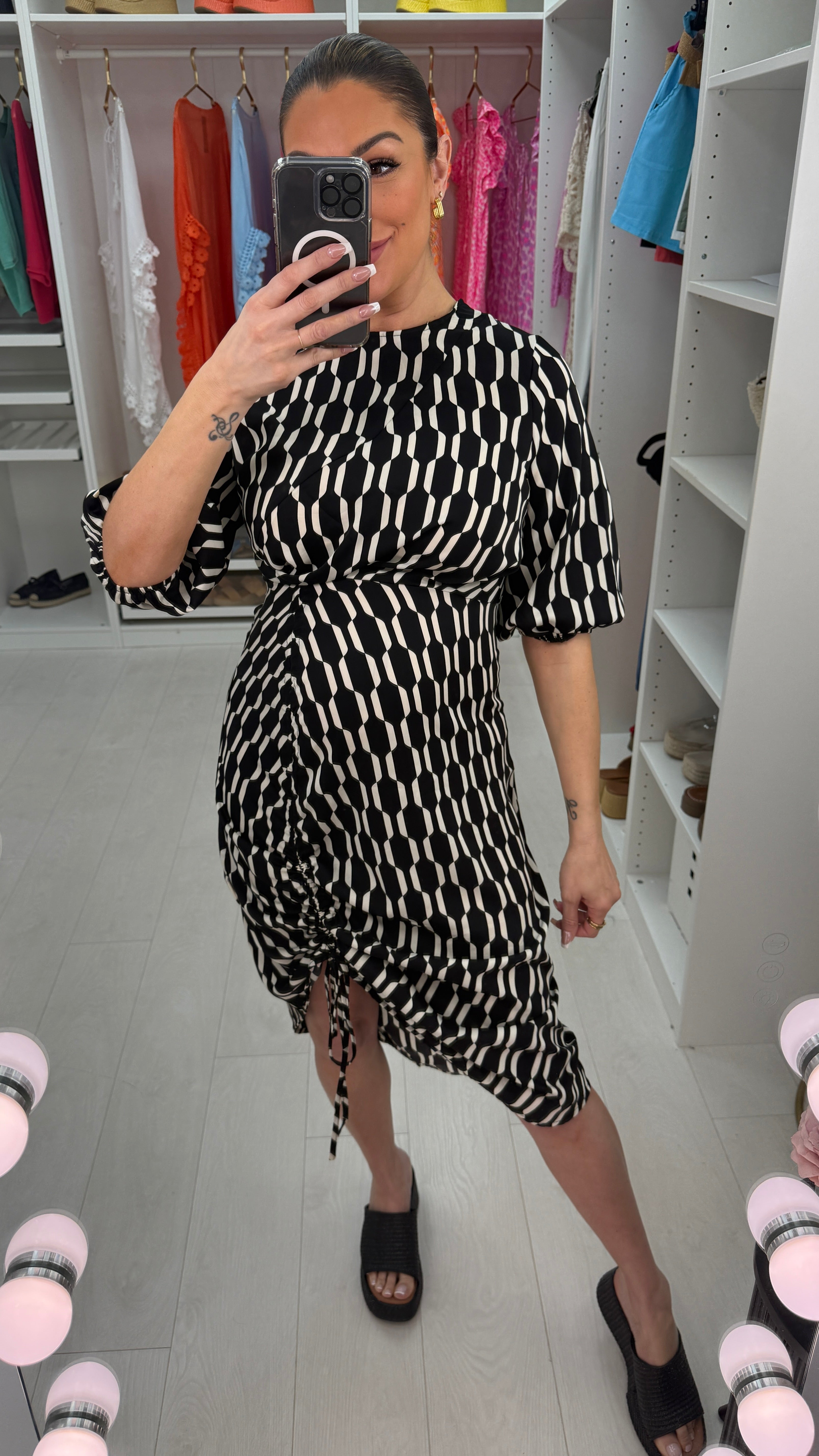 Sevvy Monochrome Graphic Print Ruched Front Dress