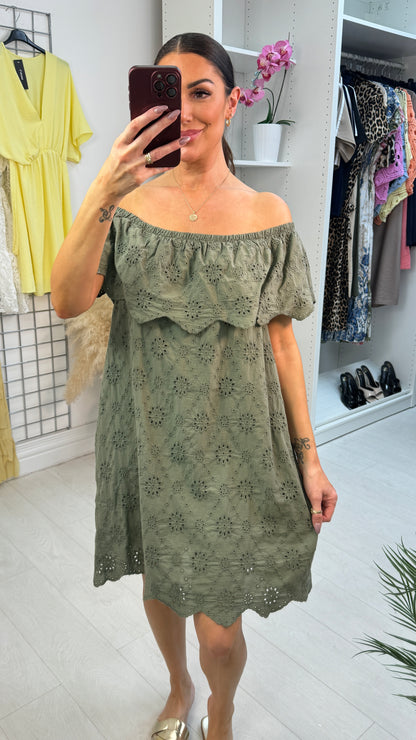 Jamila Plain Broidery Anglaise Bardot Midi Dress