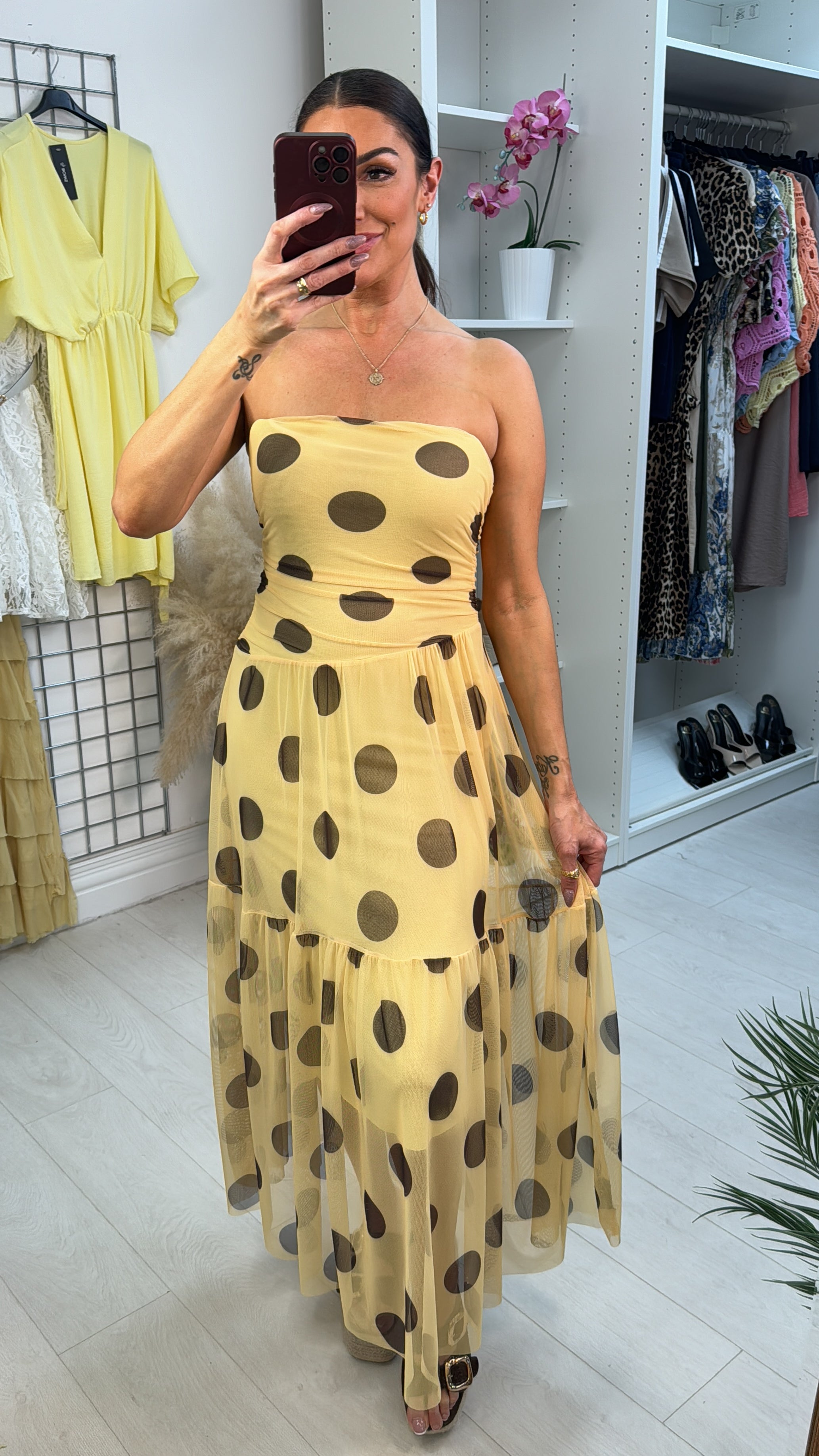 Louella Polka Dot Mesh Bardot Dress