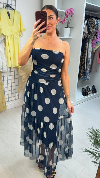 Louella Polka Dot Mesh Bardot Dress
