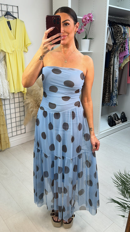 Louella Polka Dot Mesh Bardot Dress