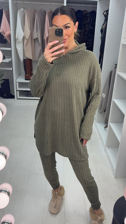 Yasmina Plain Ribbed Hooded Loungewear Set